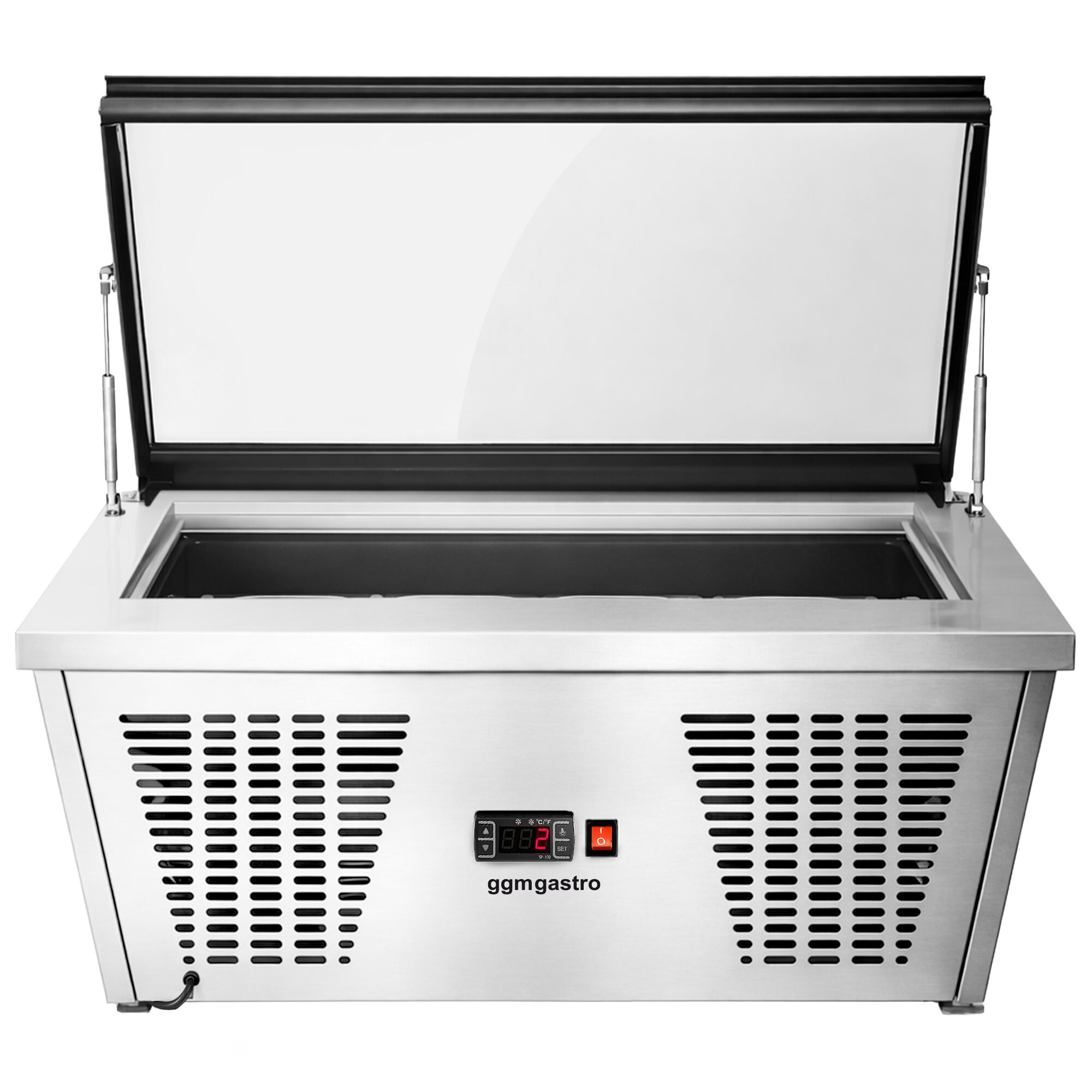 Vitrine à glaces à poser - 867x735mm - Froid statique - Couvercle vitré basculant - avec éclairage LED - pour 4 bacs de 5 L - Côté service
