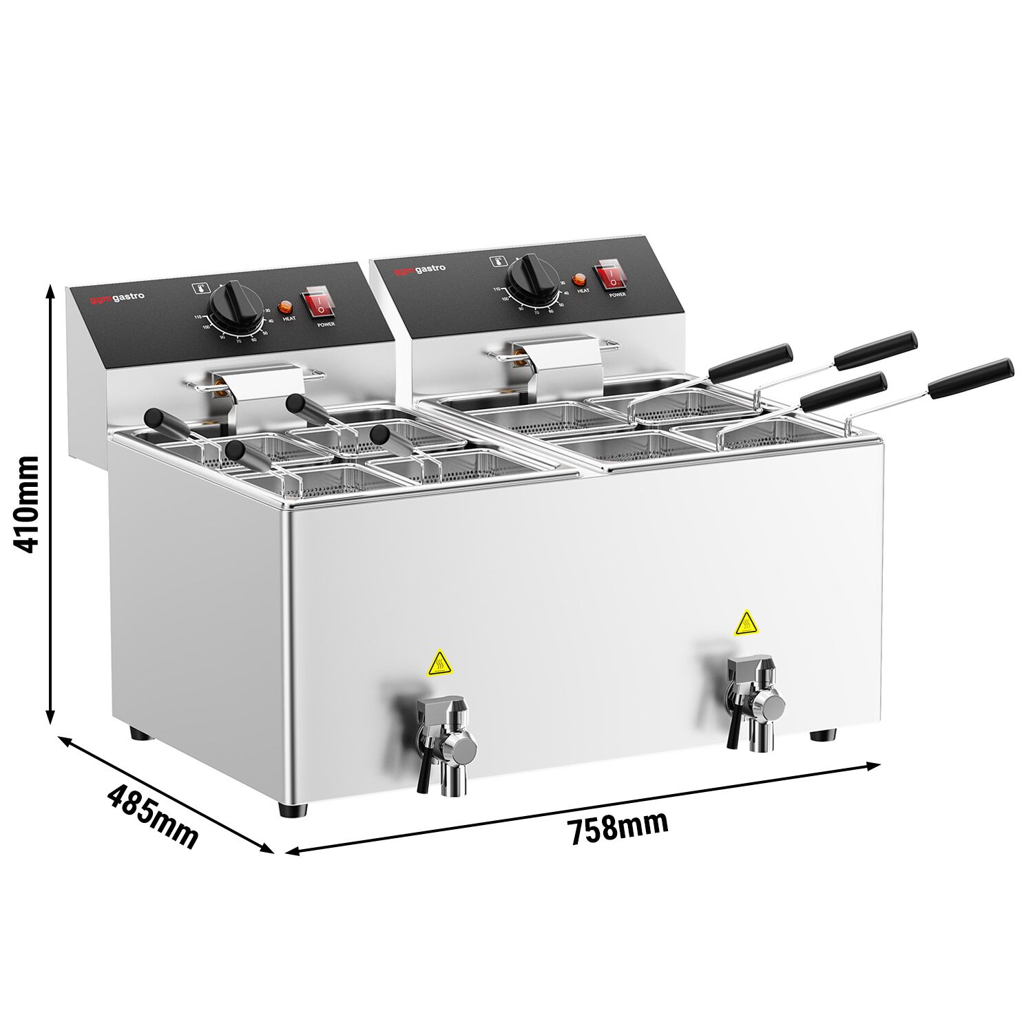 Cuiseur à pâtes électrique – 8 + 8 L – 6,5 kW – avec robinet de vidange – incl. 8 paniers