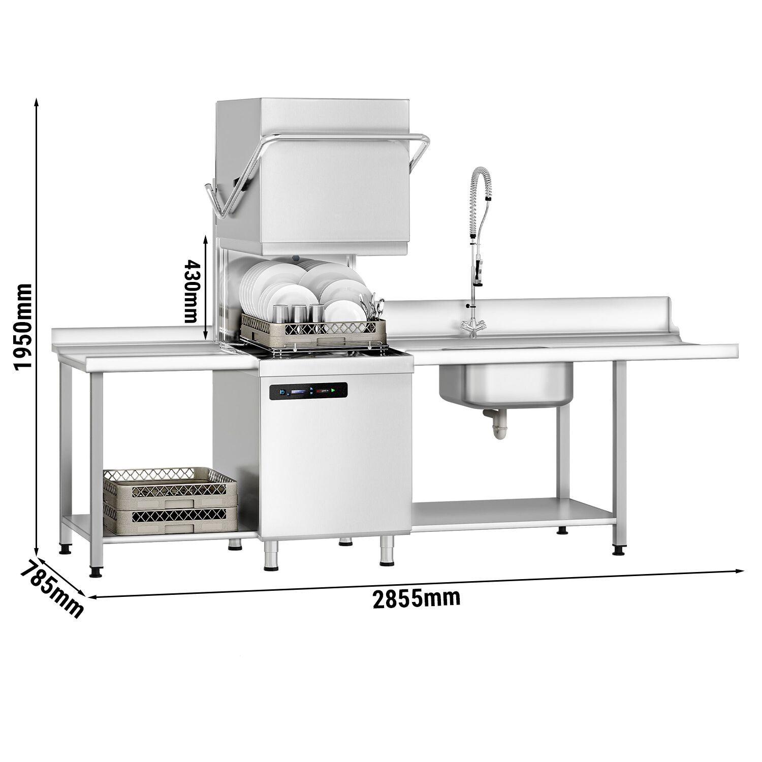 Lave-vaisselle à capot – Numérique – 7,1 kW – avec table d’entrée à droite, table de sortie à gauche et adoucisseur inclus – avec pompe de détergent et de rinçage