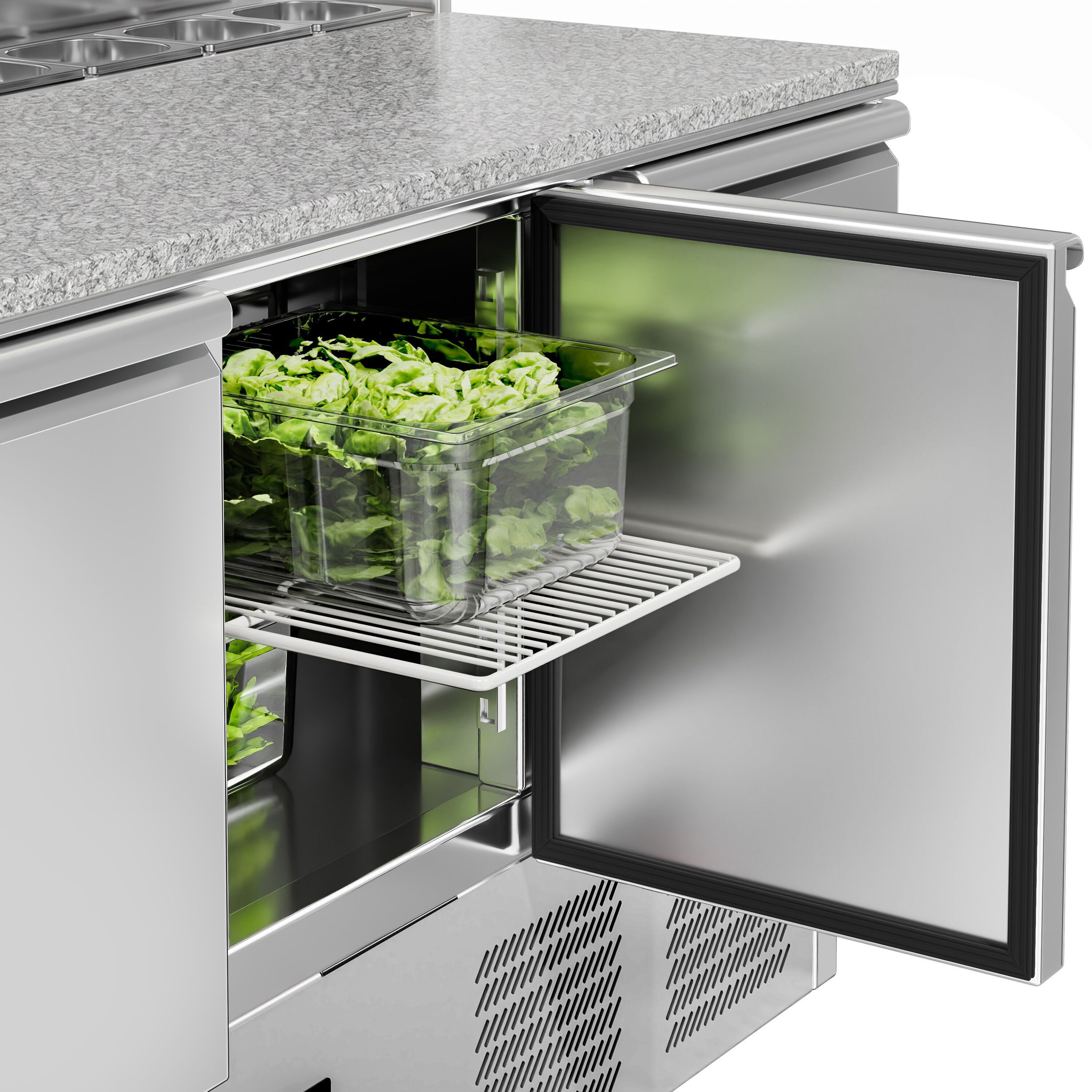 Saladette réfrigérée ECO - 1368mm - 402L - 3 portes - avec découpe pour 8x GN 1/6 & Couvercle inox - plan de travail en granit noir