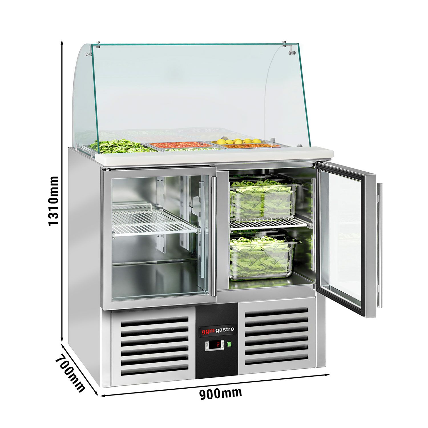 Saladette réfrigérée PREMIUM - 900mm - 288L - 2 portes vitrées - avec vitrine de comptoir pour 2x GN 1/1 & 3x GN 1/6 - Pour FR