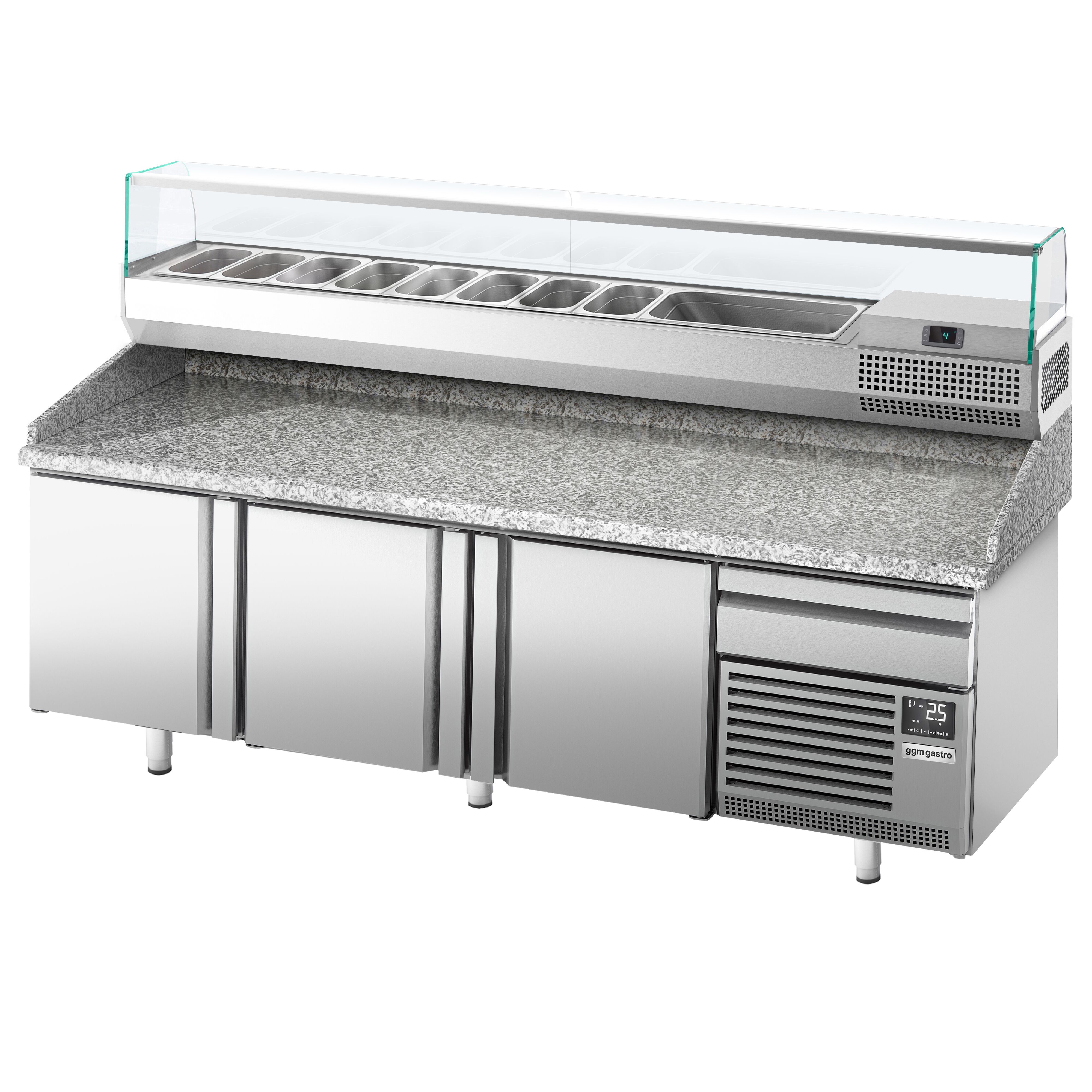 Table réfrigérée à pizza Premium PLUS - 2305 x 800 mm - avec 3 portes & 1 tiroir - incl. vitrine réfrigérée de présentation - 10x GN 1/3