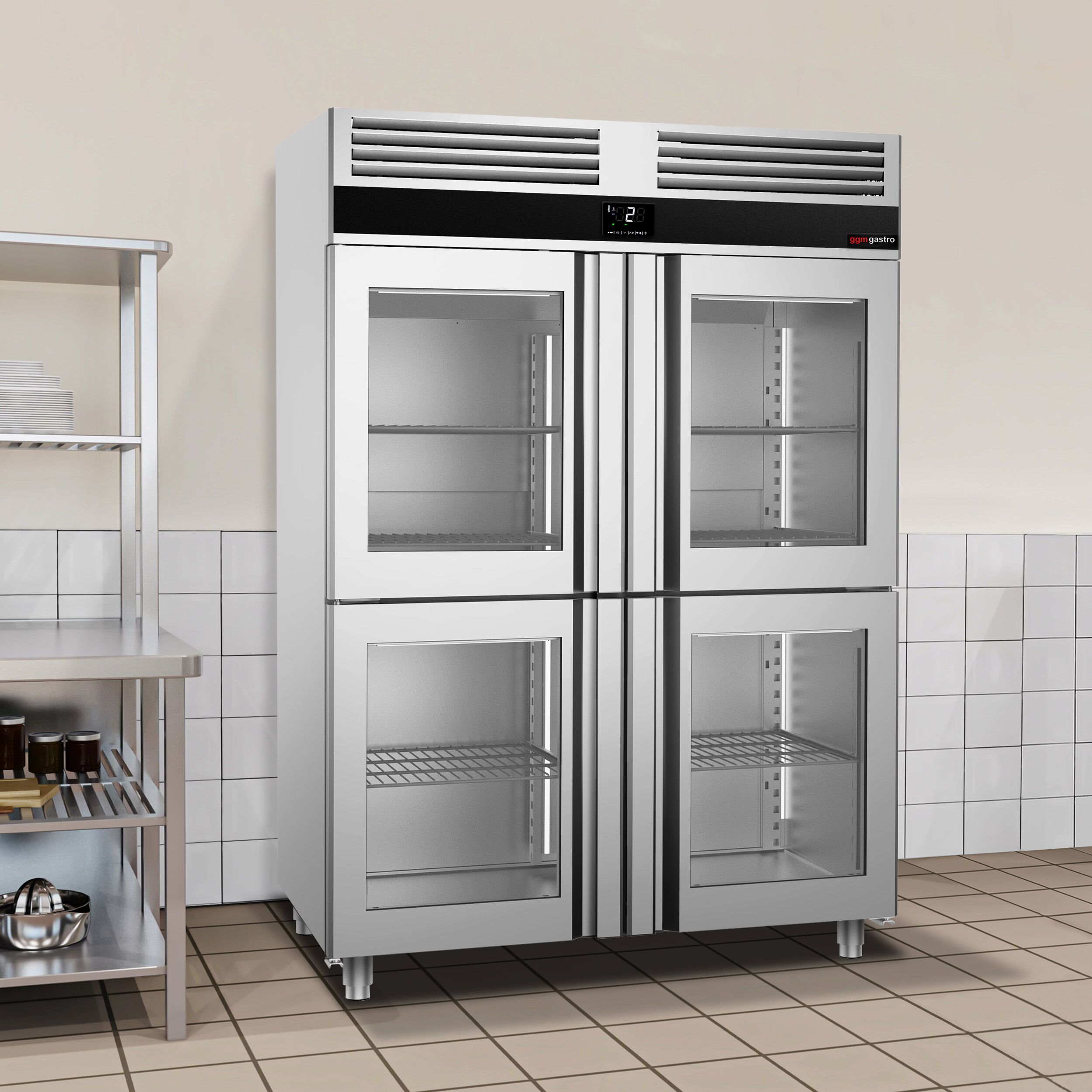 Armoire réfrigérée vitrée positive en acier inoxydable PREMIUM - GN 2/1 - 1400 L - avec 4 demi-portes vitrées