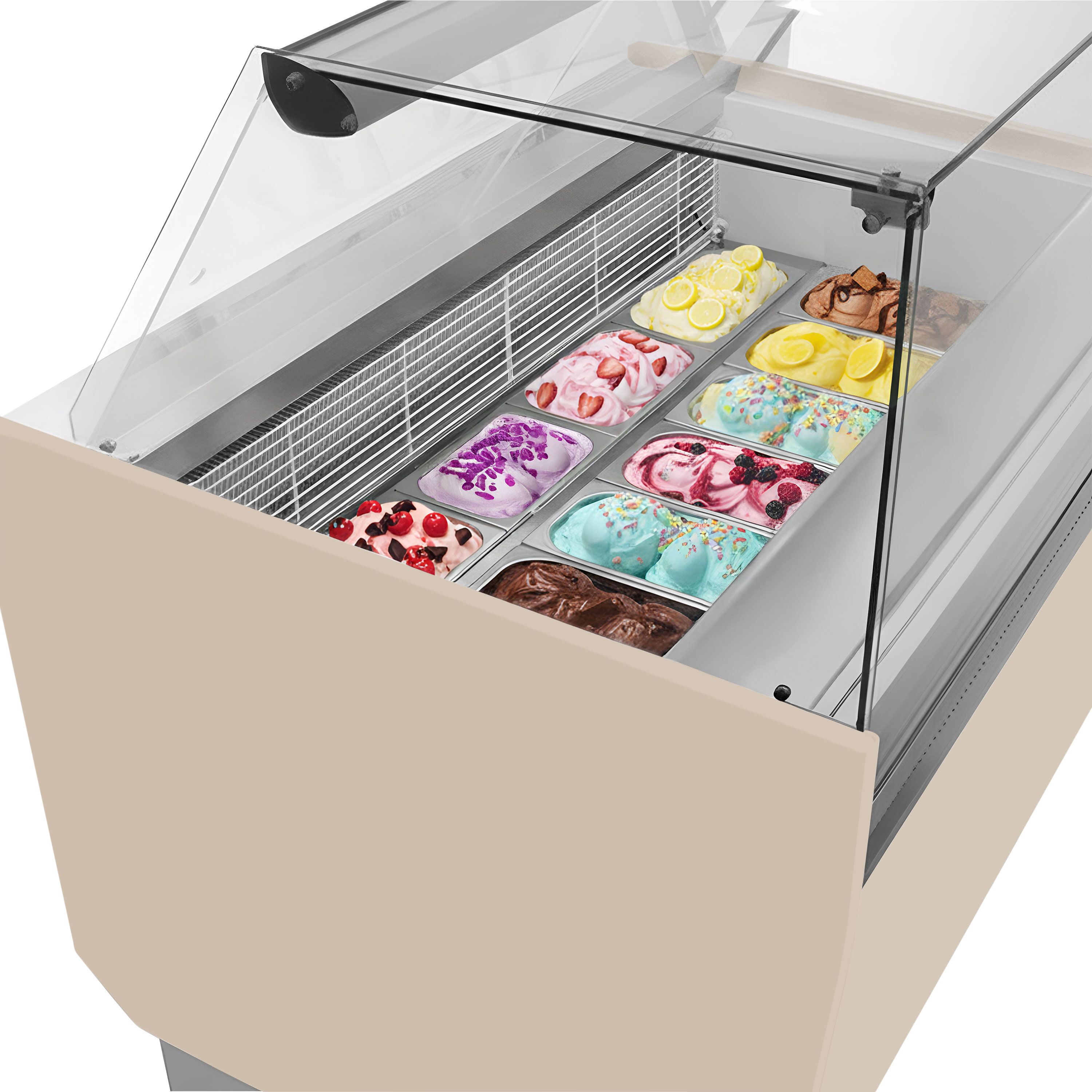 Vitrine à glace LIAM – 1560 mm – refroidissement statique – pour 13+13 bacs à glace de 5 litres – Beige