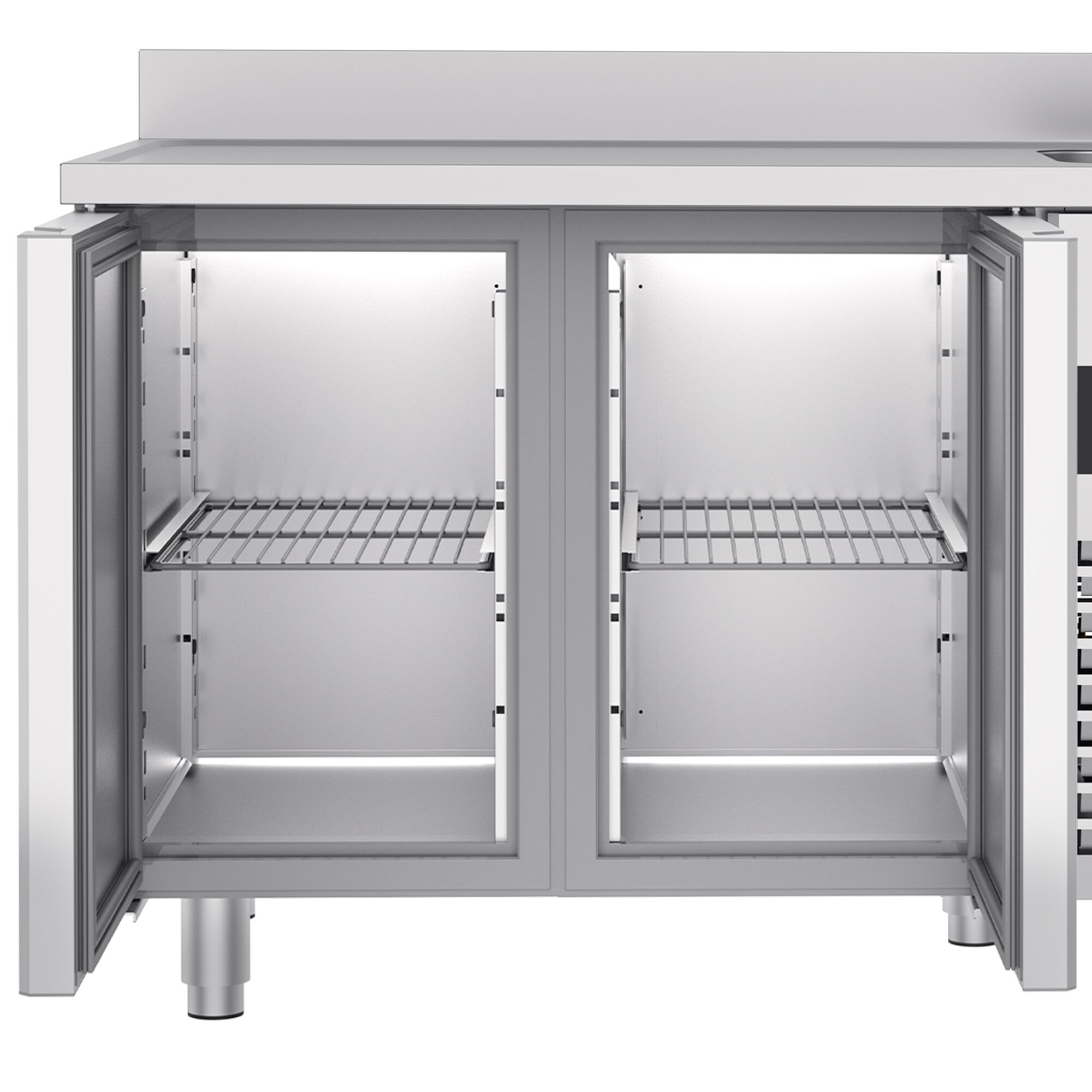 Commercial Counter Fridge PREMIUM - 1430x700mm - with 2 doors - sink right - with upstand - capacity 270 litres