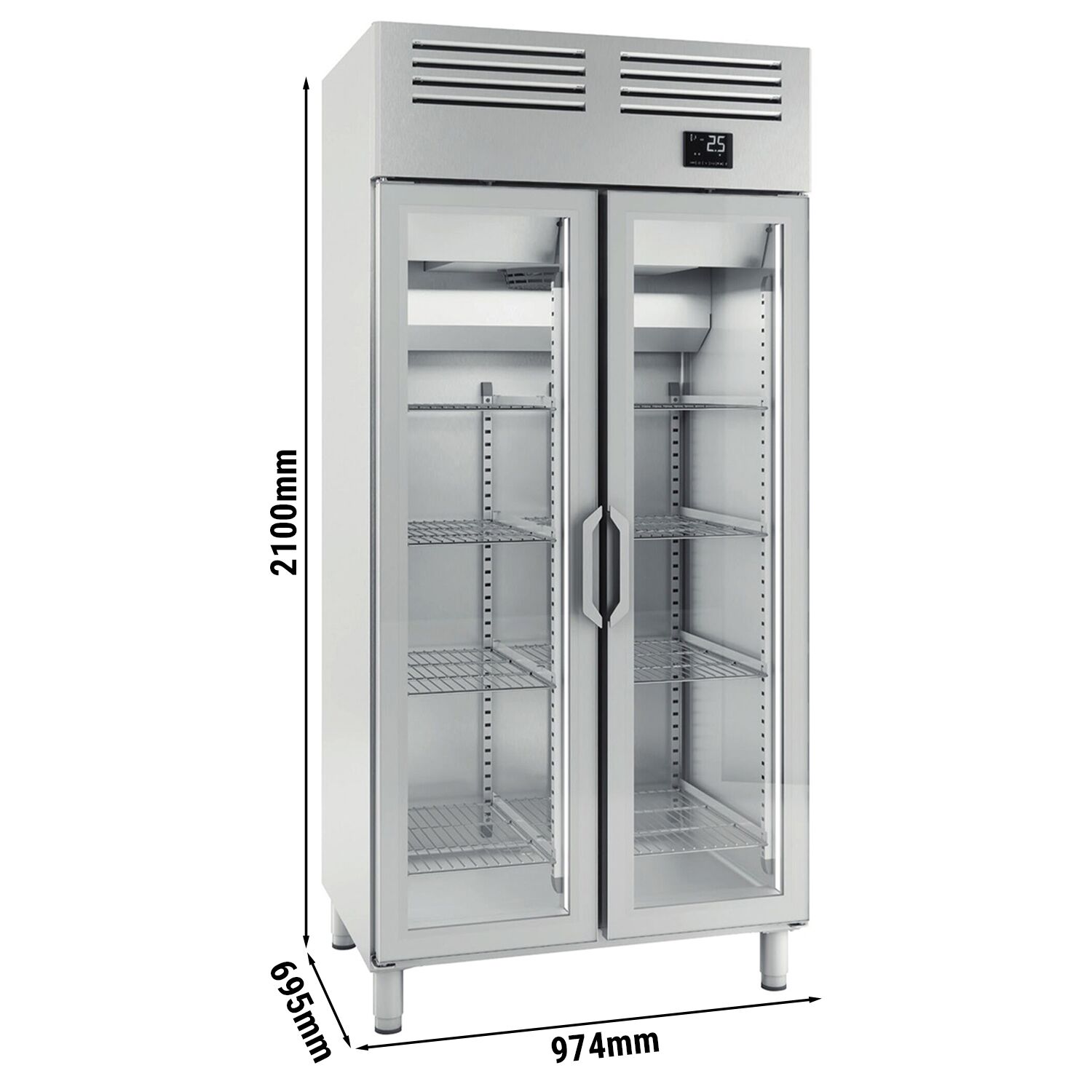 Armoire réfrigérée vitrée positive en acier inoxydable AISI 304 PREMIUM PLUS - GN 1/1 - 745 L - avec 2 portes vitrées & Glissières GN & 8 grilles GN 1/1