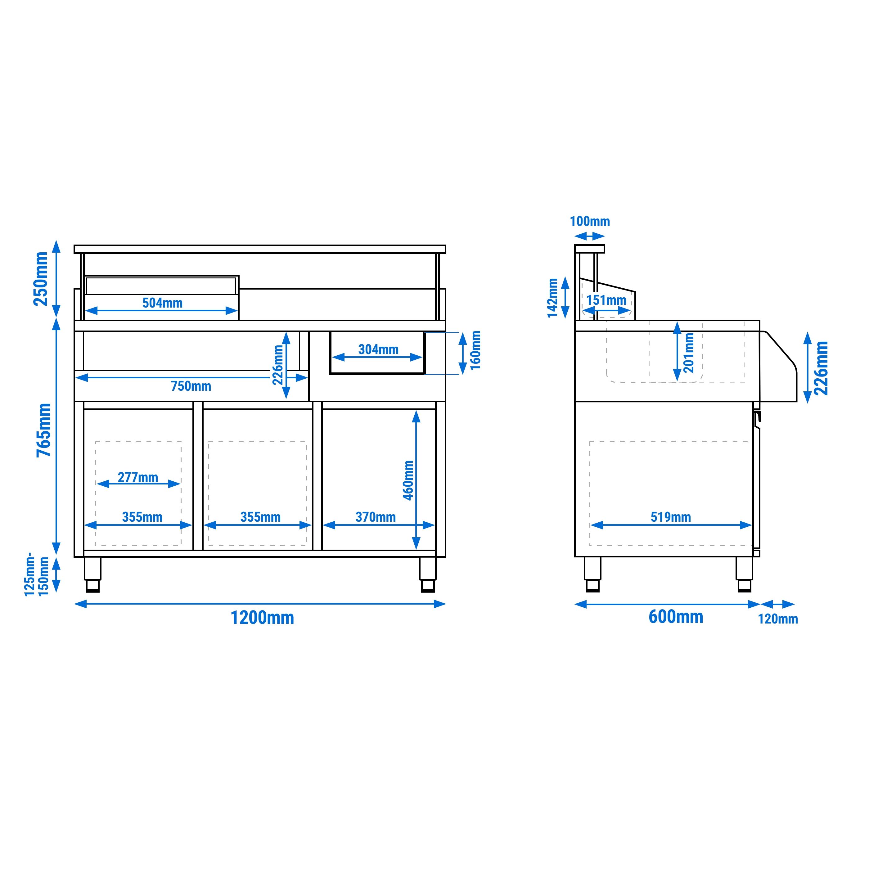 Table de préparation pour cocktails – inox – 1200 x 720 mm – avec 2 tiroirs