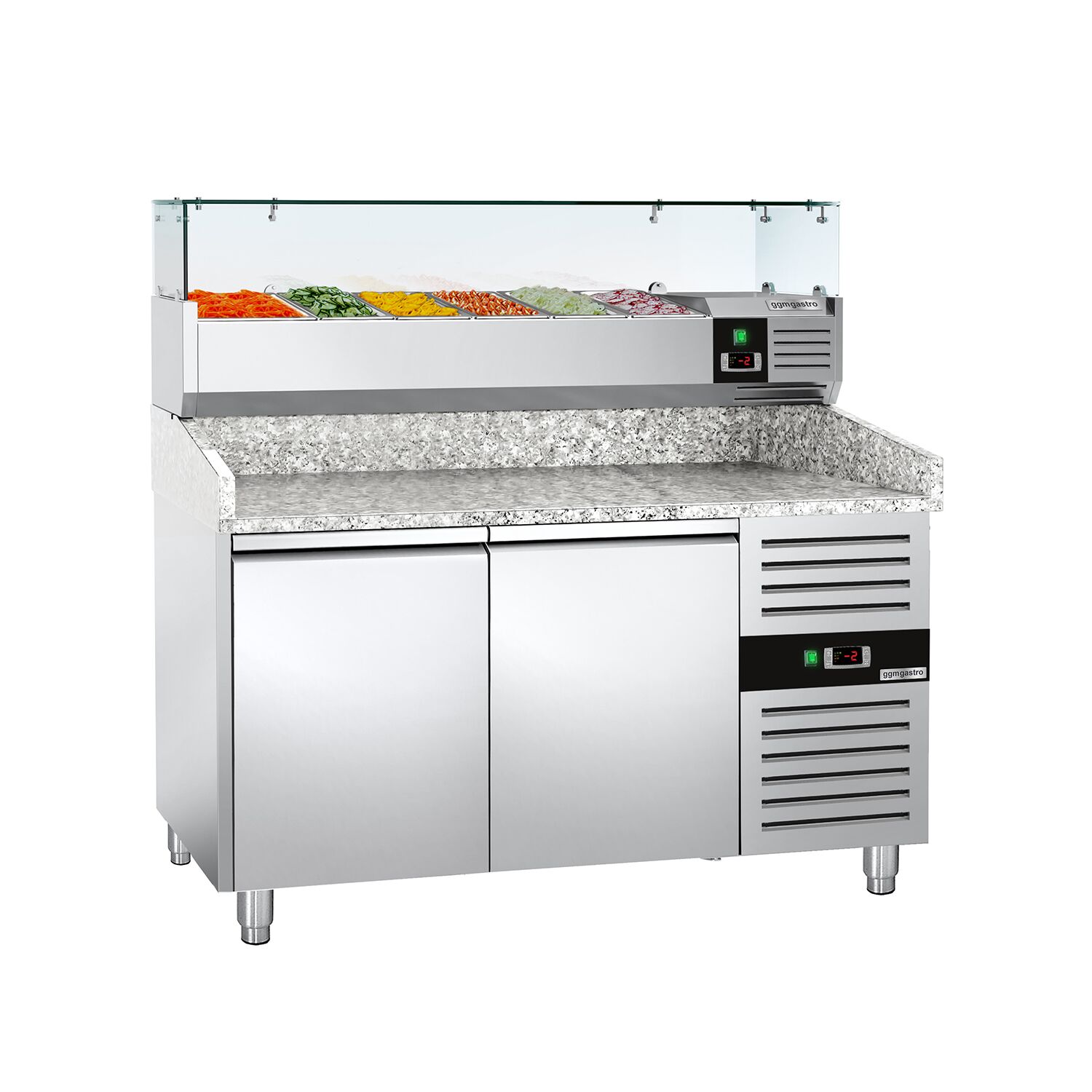 Pizzakylbänk ECO - 1500x800 mm - granitskiva - med 2 dörrar - inkl. kylränna med glastopp - 6x GN 1/3