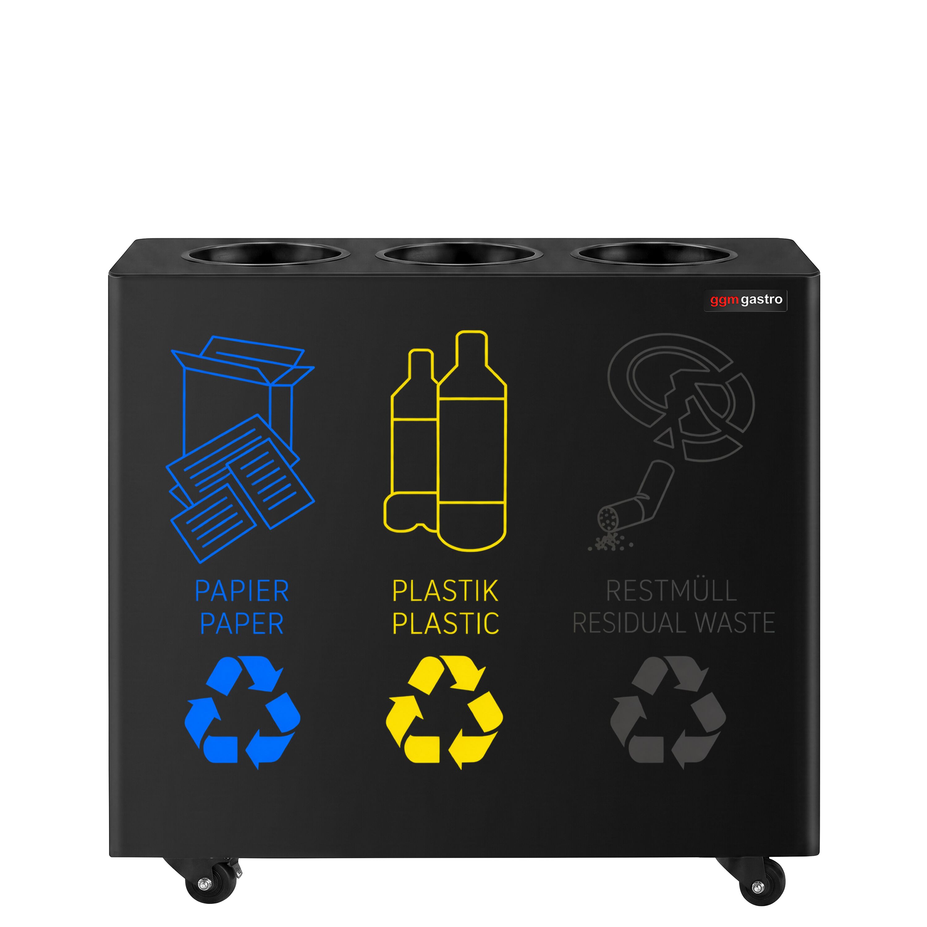Waste sorting system – 3 bins, 30 litres each – Black – with 4 castors