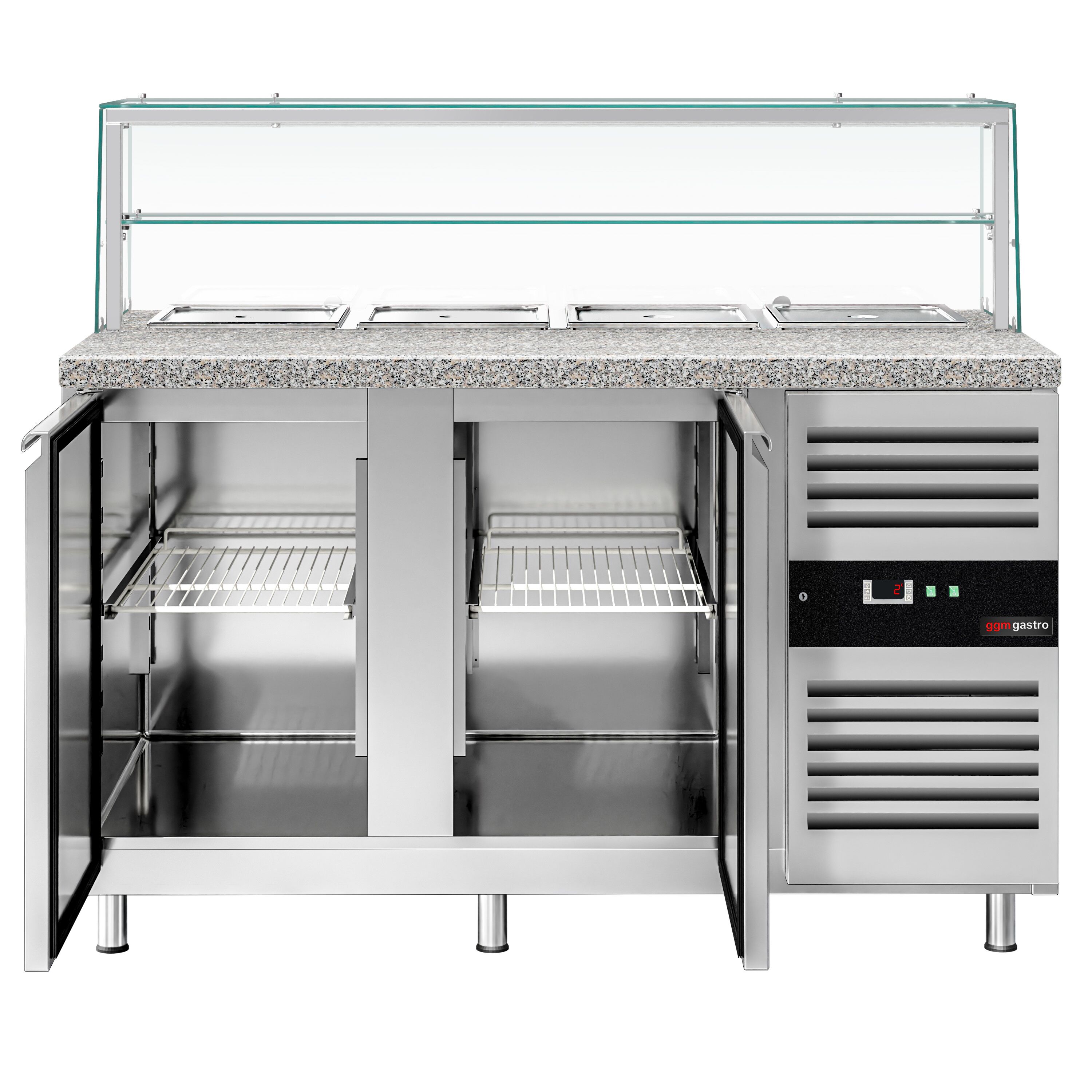 Saladette réfrigérée PREMIUM - 1515mm - 390L - 2 portes - avec vitrine de comptoir pour 4x GN 1/1 & 1 étagère - plan de travail en granit noir