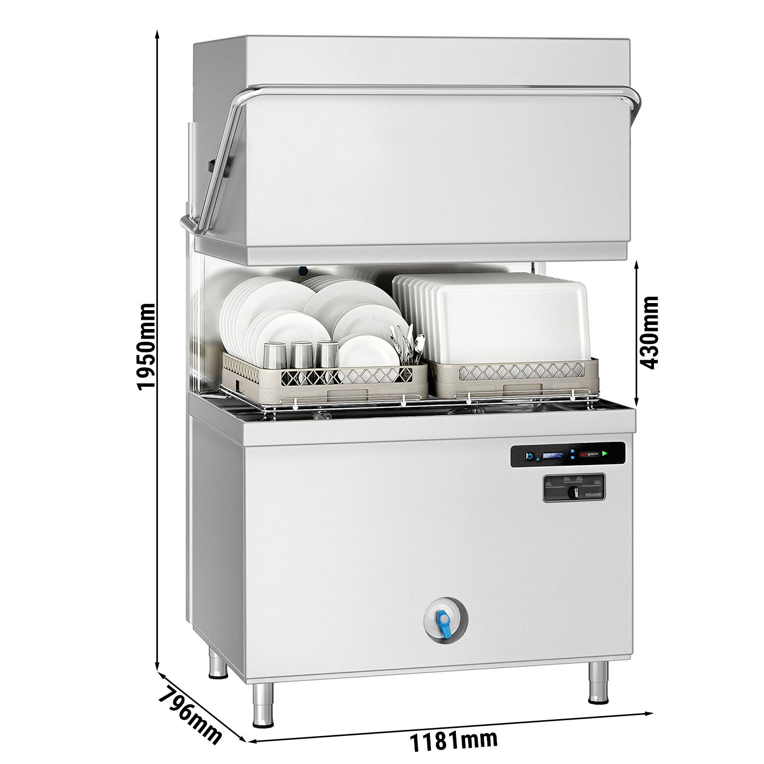 Lave-vaisselle à capot double paroi avec double panier traversant – Numérique – 22,2 kW – avec adoucisseur inclus – avec pompe de détergent, de rinçage et de vidange
