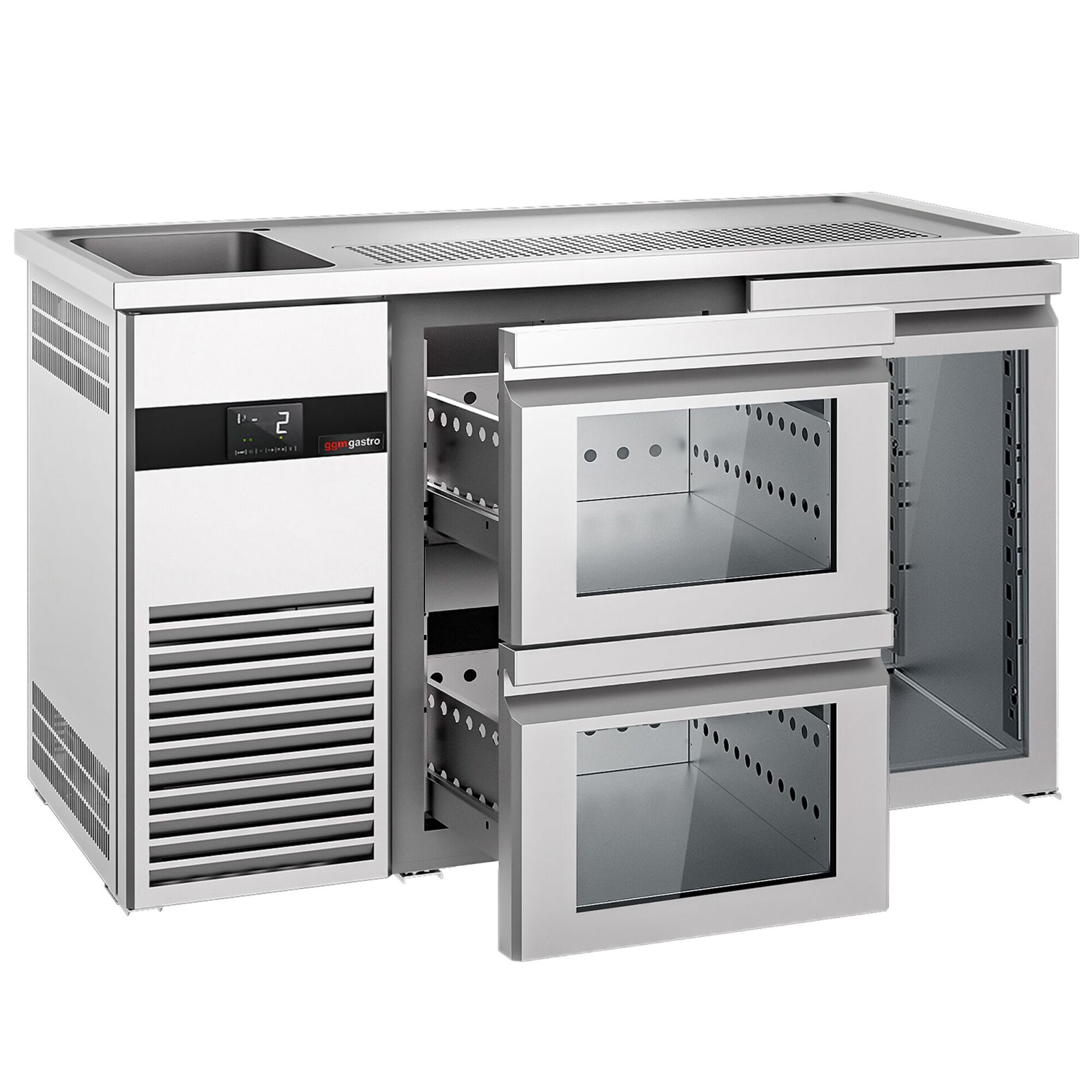 Comptoir de bar réfrigéré PREMIUM - 1550x700mm - 1 porte vitrée & 2 tiroirs en verre