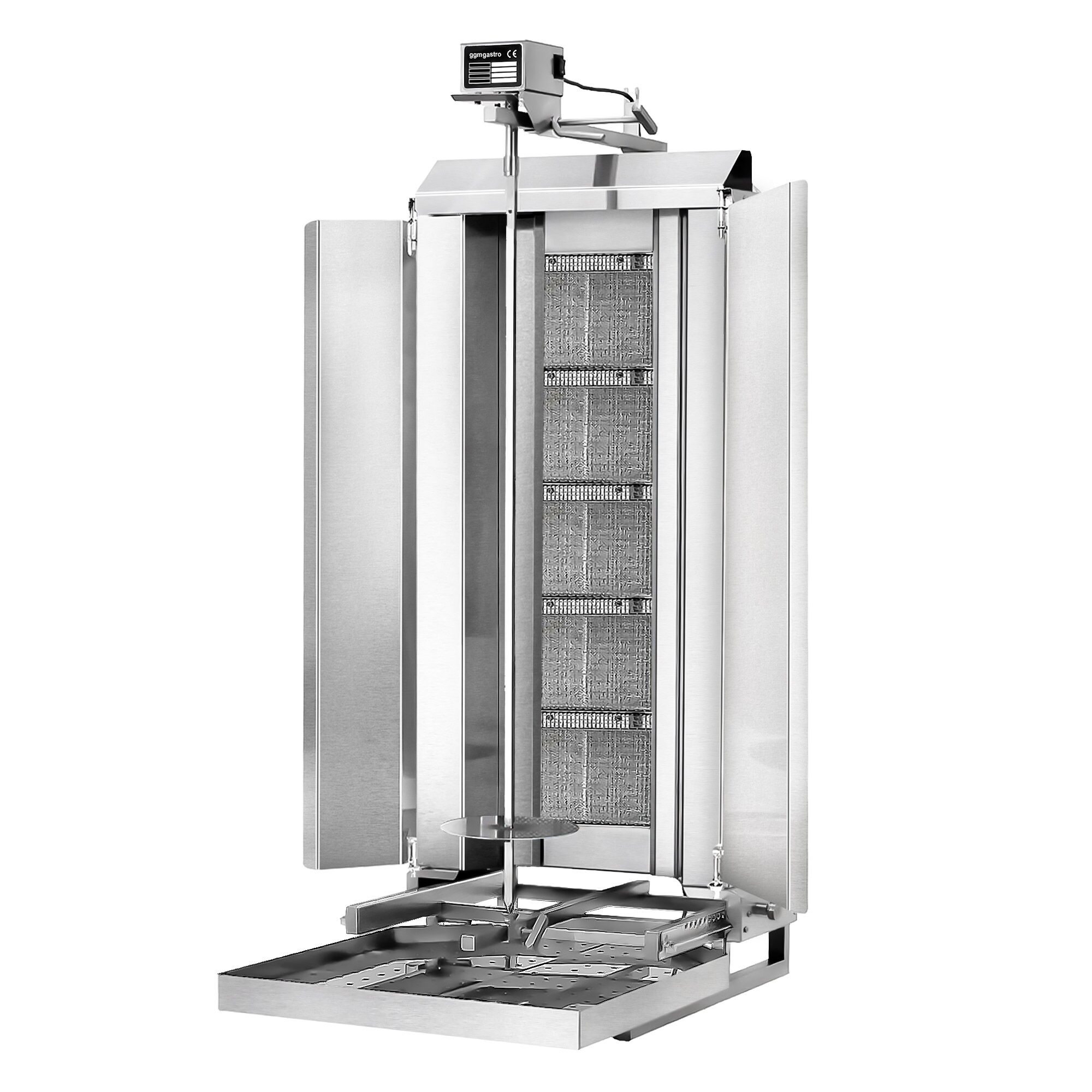 Machine à Kebab / Gril vertical à gaz - sur roulettes - 5 brûleurs - 16.25kW - pour 80kg de viande - livré avec 2 pare-graisses, 2 volets, 1 broche et un bac à graisse