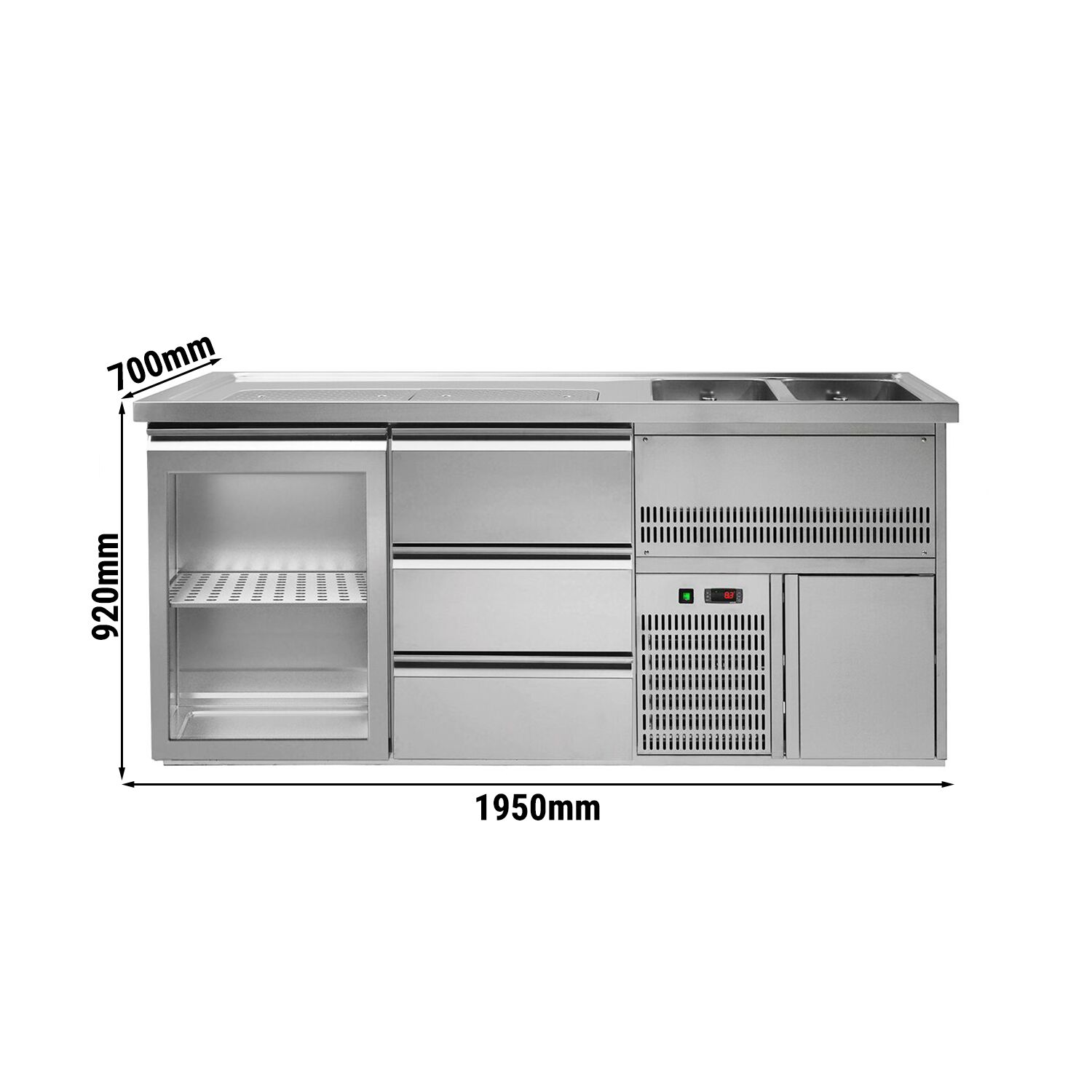 Biertheke Premium PLUS - 1950x700mm - 1 Glastür & 3 Schubladen