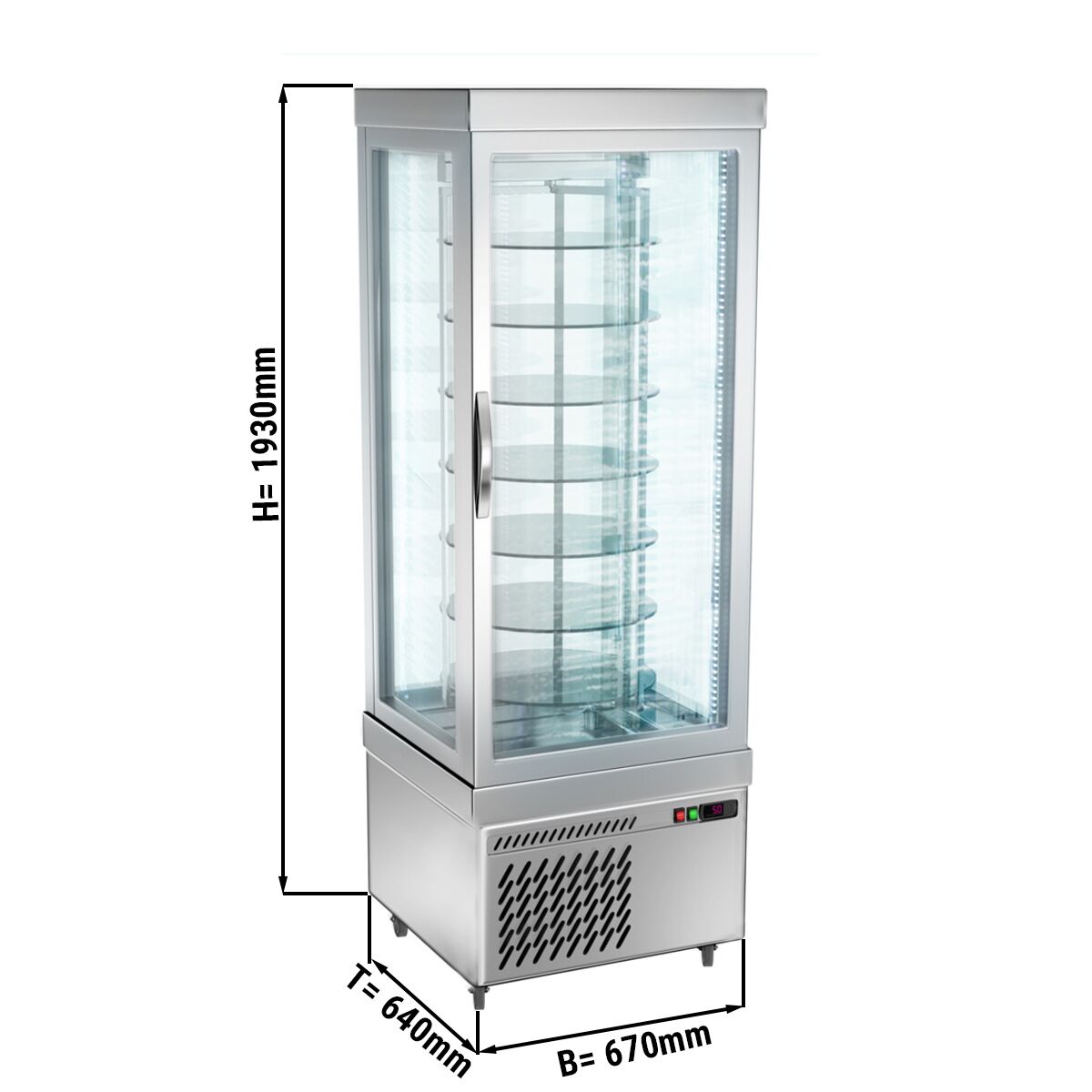 4-Sided Glass Display Freezer - 430L - 670mm - Triple glazing - round - with 7 rotating shelves - Silver