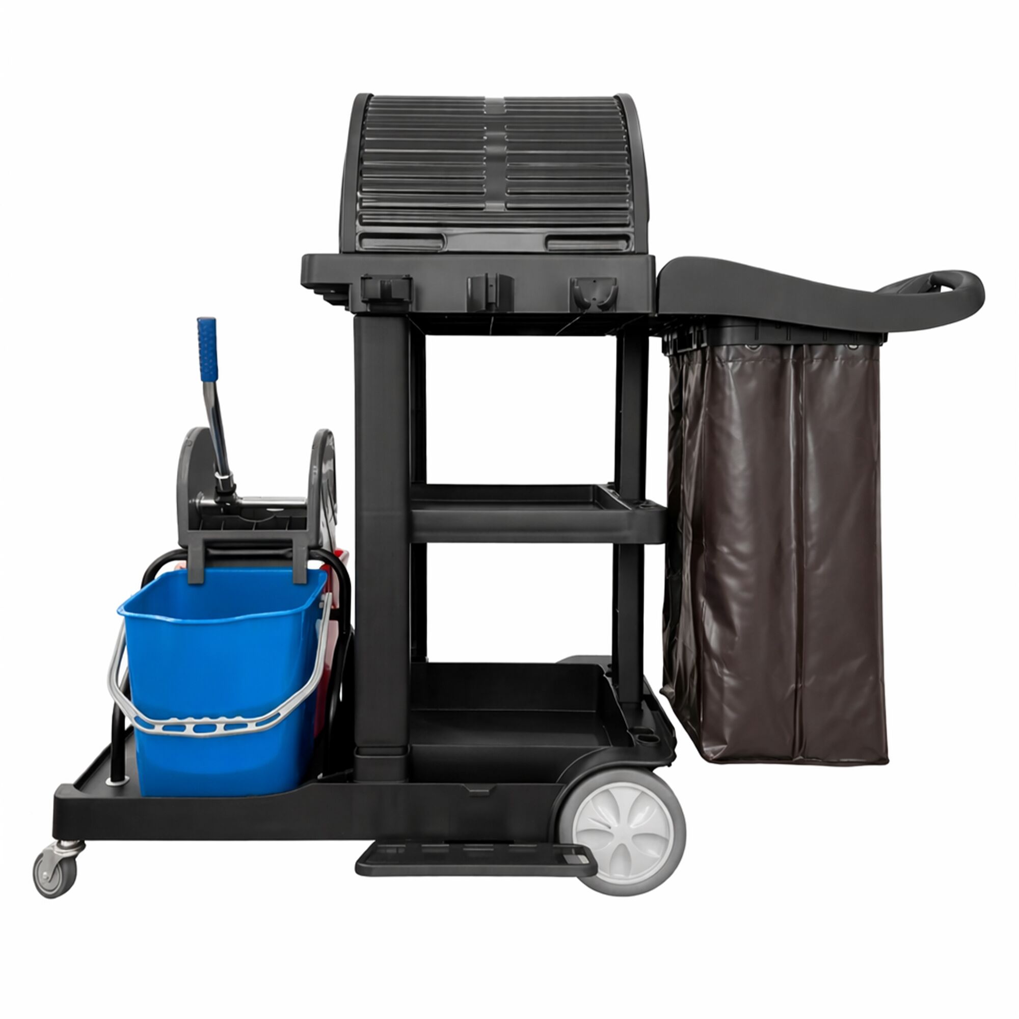 Chariot de nettoyage - ouvert - 2 bacs, presse à mop, sac à linge & capot sur roulettes