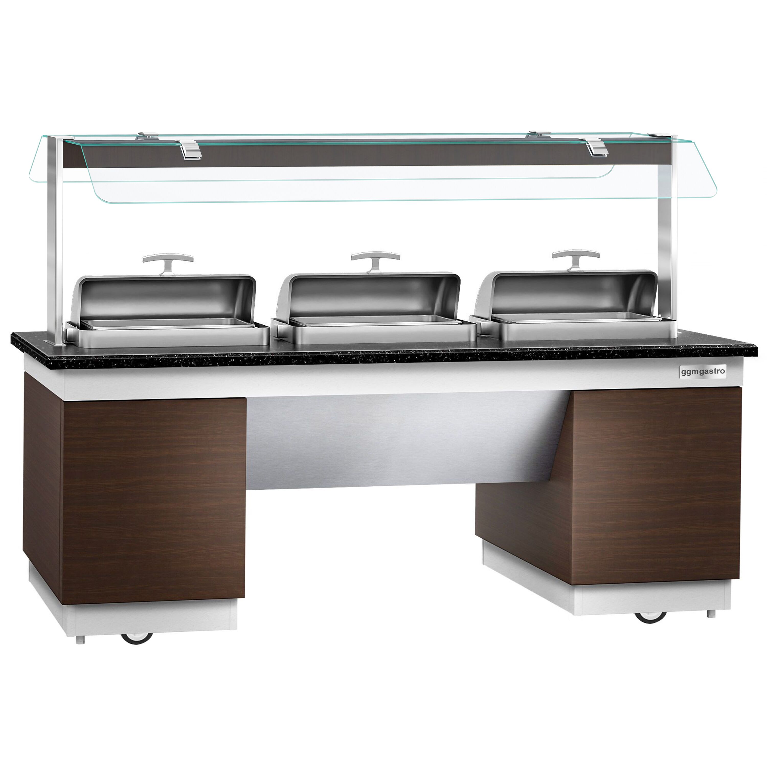 Buffet chaud DUBLIN - 2300mm - avec 3 Chafing Dishes - sur roulettes