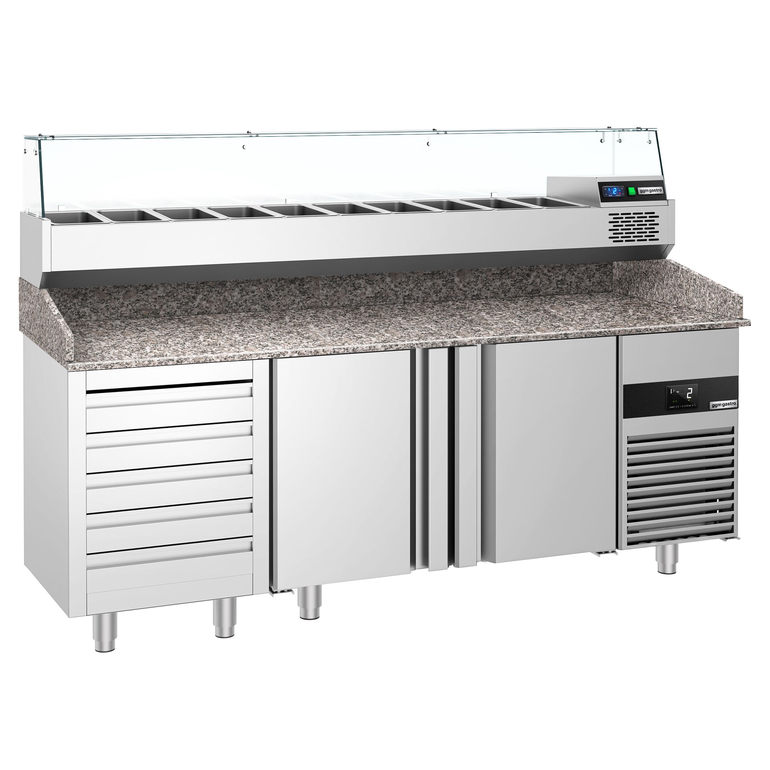 Table réfrigérée à pizza PREMIUM - 2100x800 mm - avec 2 portes & 5 tiroirs - incl. vitrine réfrigérée - 10x GN 1/3