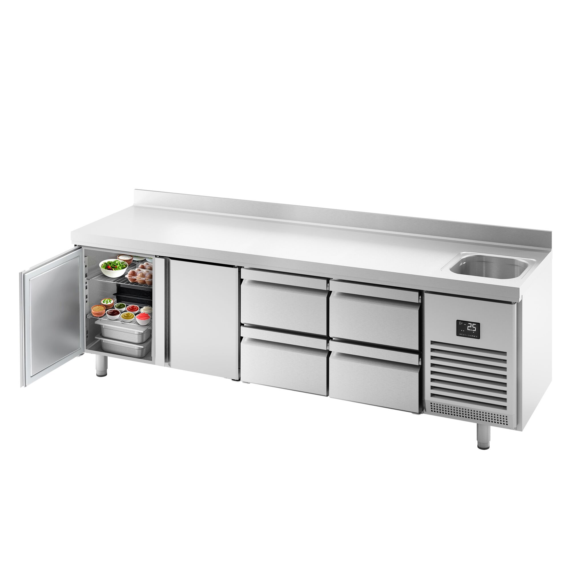 Table réfrigérée Premium PLUS - 2452 x 600 mm - avec 1 bac, 2 portes, 4 tiroirs - dosseret
