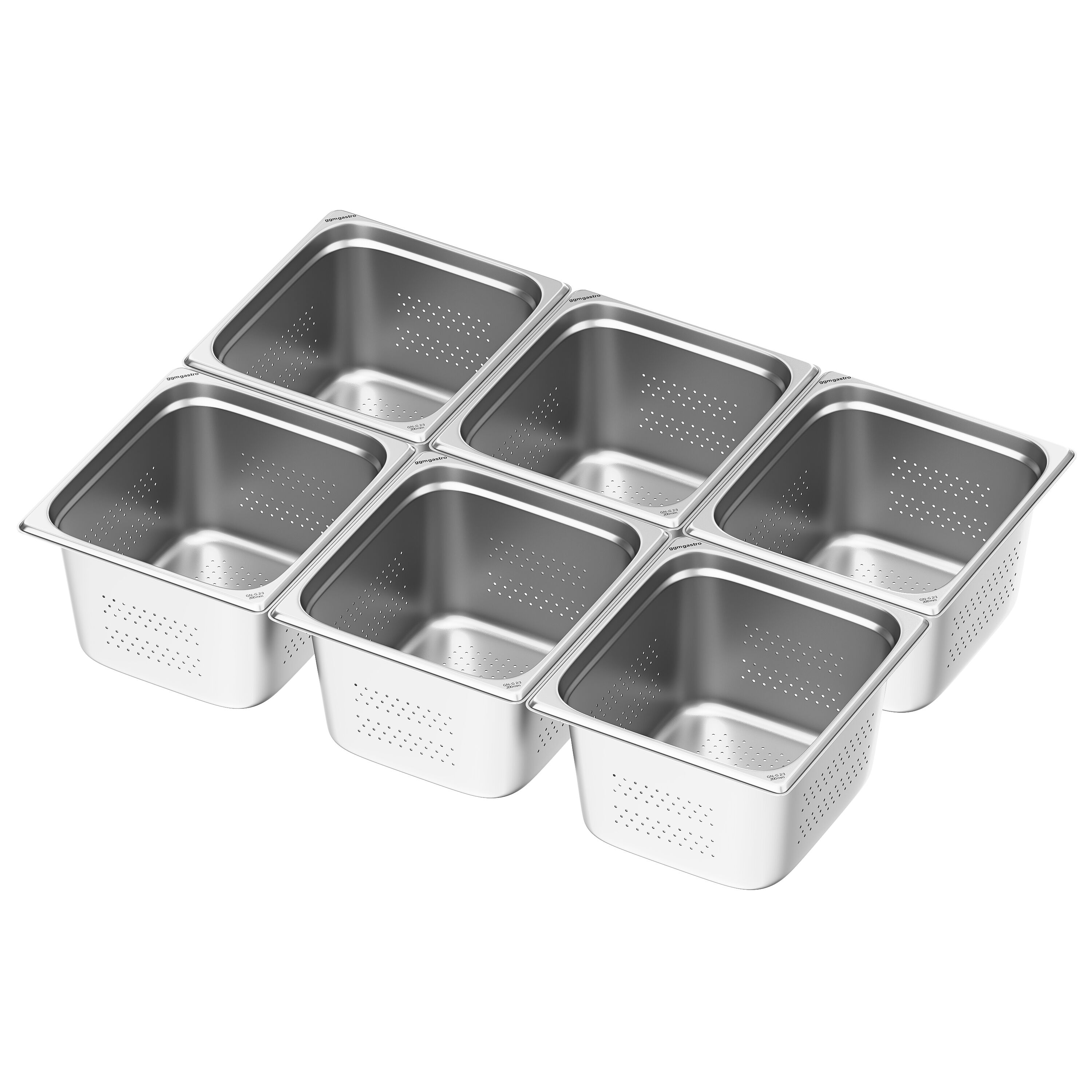 (6 pièces) Récipients en acier inoxydable GN 2/3 - perforés - Hauteur : 200mm