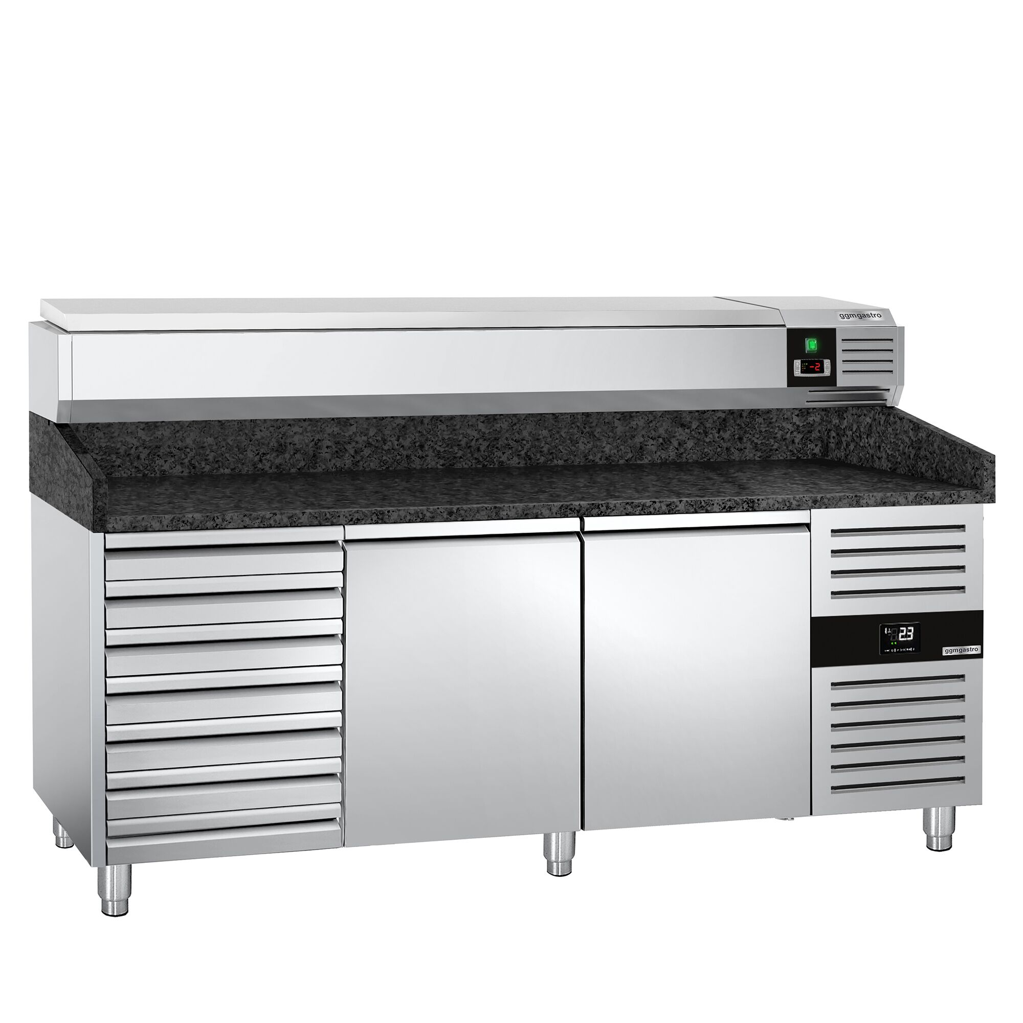 Table réfrigérée à pizza PREMIUM - 2000x800 mm - avec 2 portes & 7 tiroirs - incl. vitrine réfrigérée - 10x GN 1/4