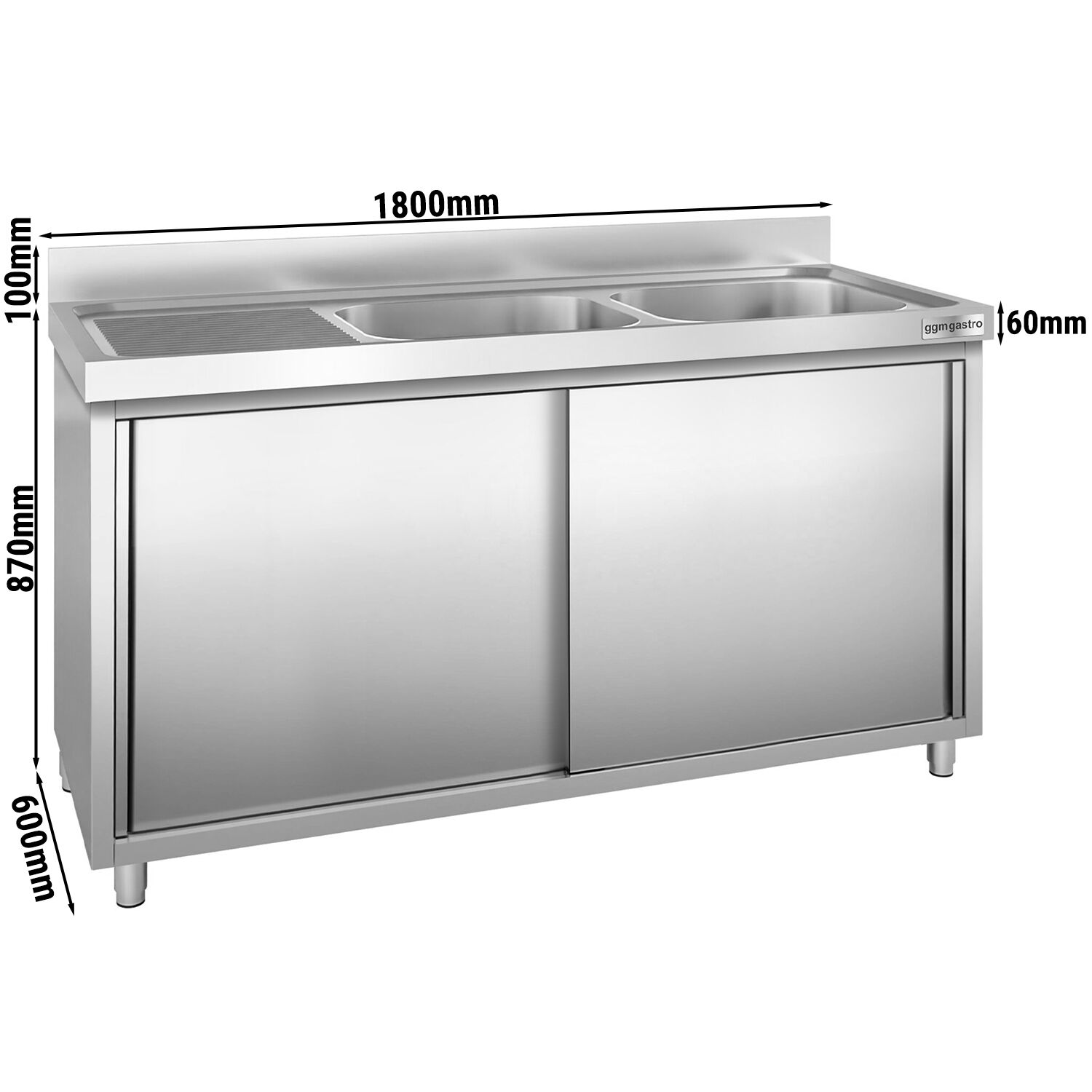 Meuble plonge PREMIUM - 1800x600mm - avec 2 bacs