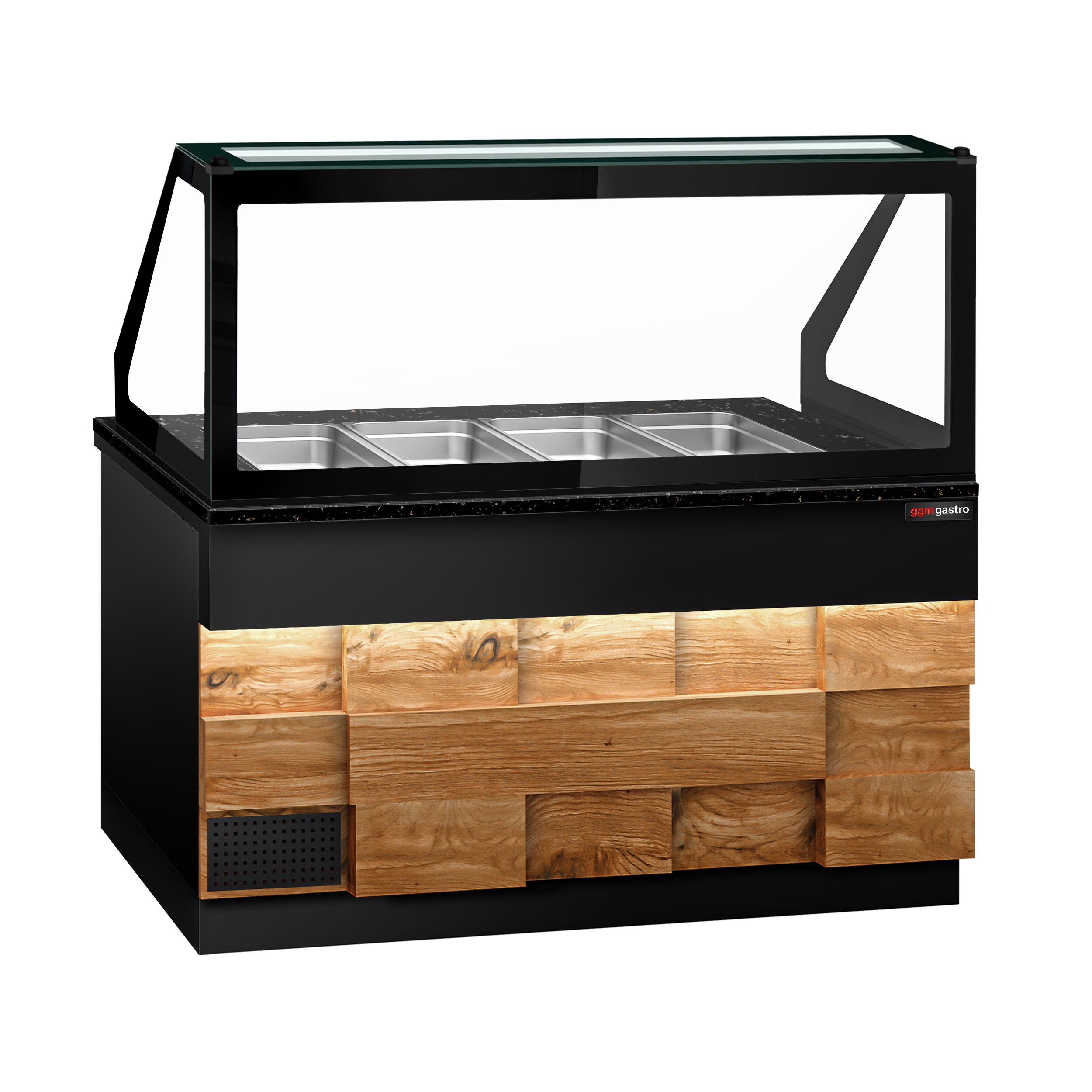 Saladette réfrigérée - 1500mm - façade décor bois naturel - 2 portes - avec vitrine de comptoir pour 4x GN 1/1 & 1 étagère - plan de travail en granit noir