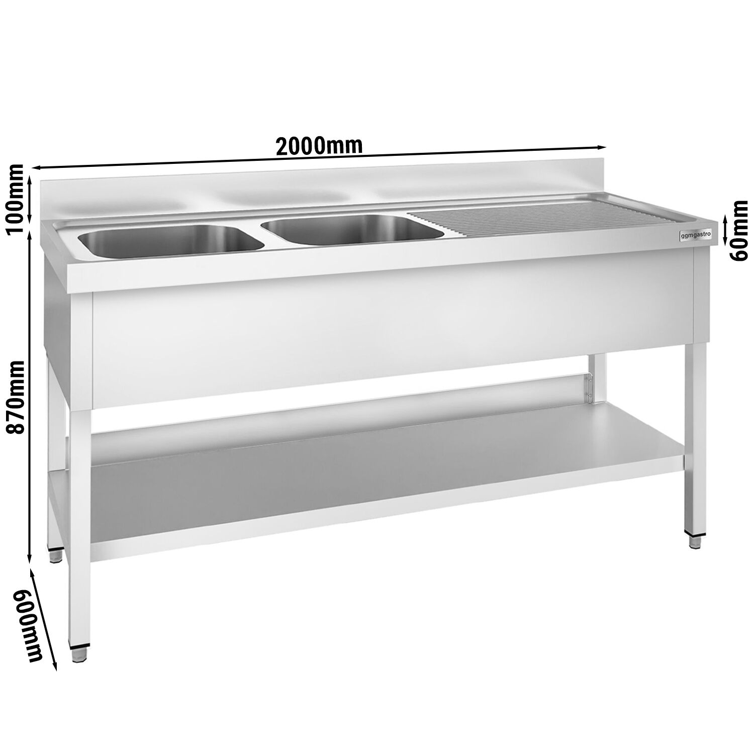 Plonge en inox PREMIUM - 2000x600mm - avec étagère basse - 2 bacs à gauche