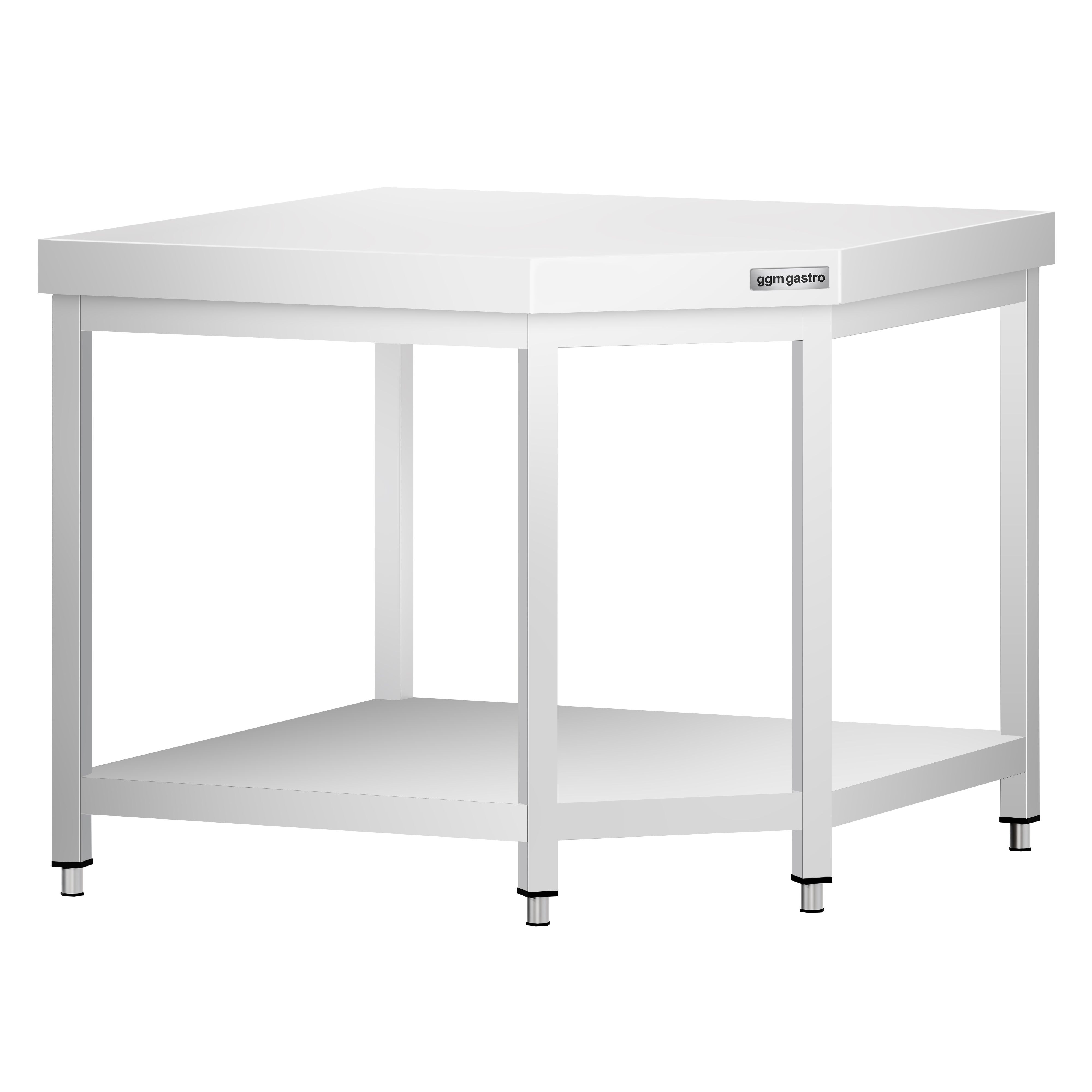 Table de travail en inox d’angle PREMIUM - 1150x800mm - avec étagère basse + dosseret arrière