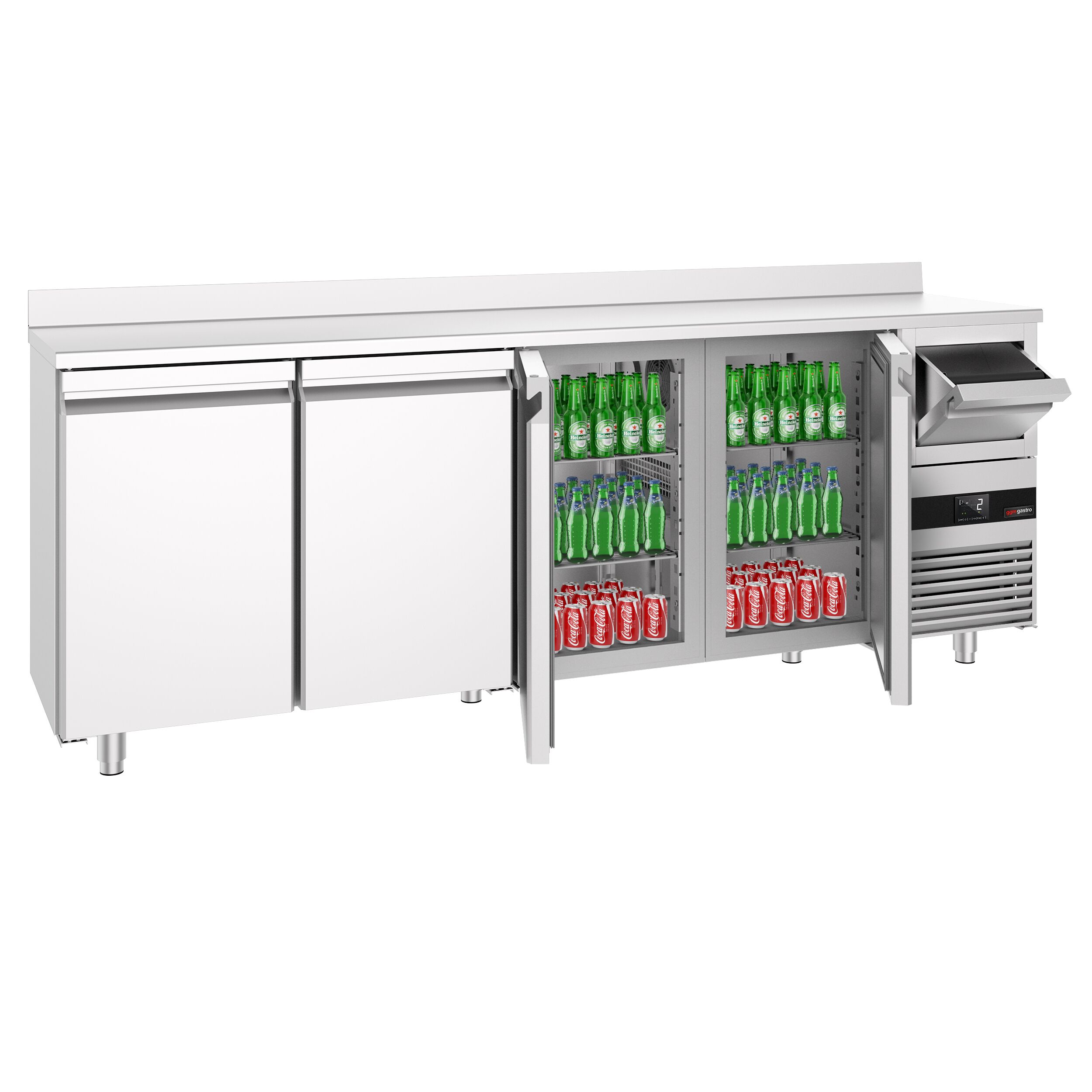 Arrière-bar réfrigéré professionnel  PREMIUM - 2690 x 600 mm - avec 4 portes - avec dosseret - avec tiroir à marc de café