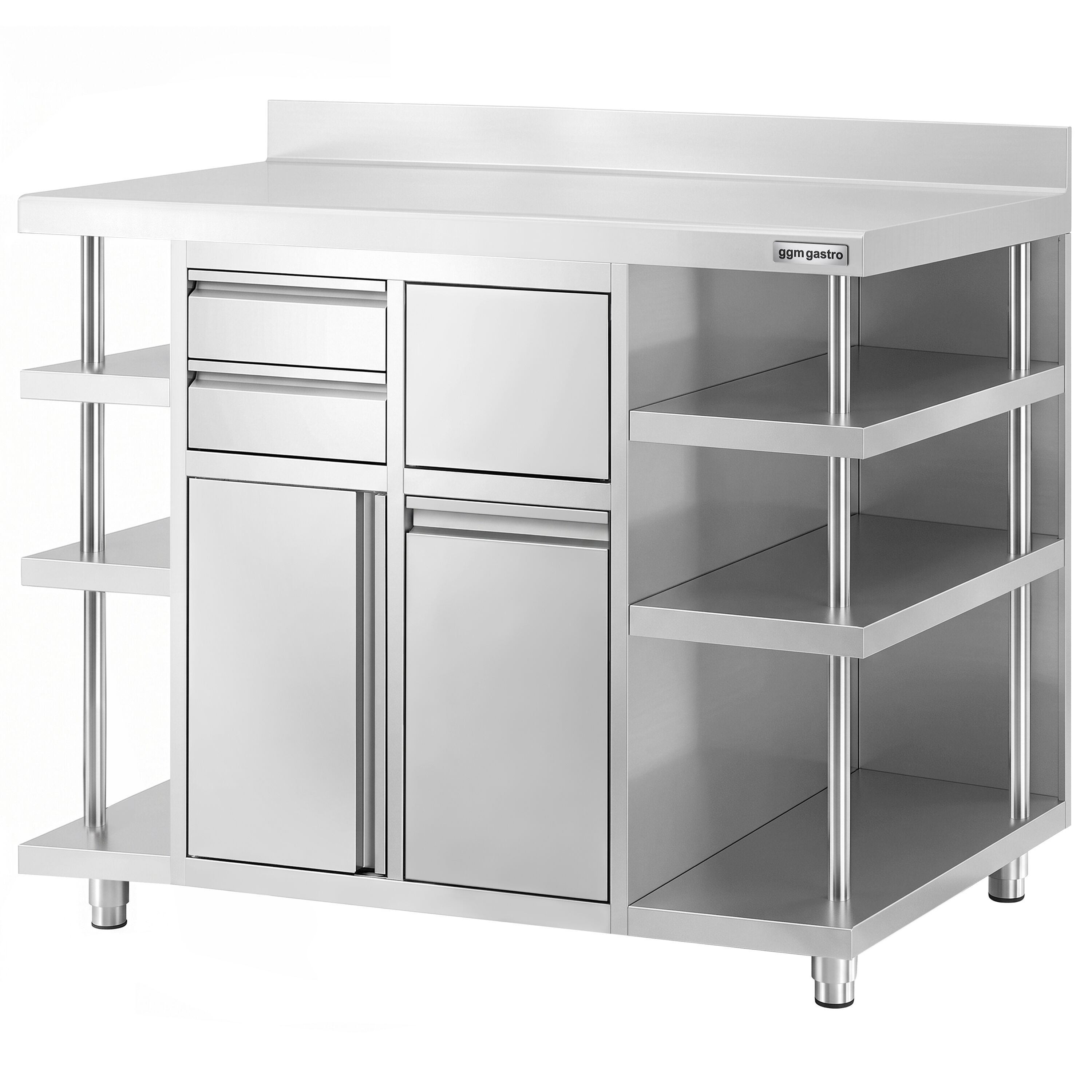 Work cabinet – for coffee machine – 1400 x 600 mm – with 1 hinged door, 2 drawers, waste bin, 6 shelves & upstand