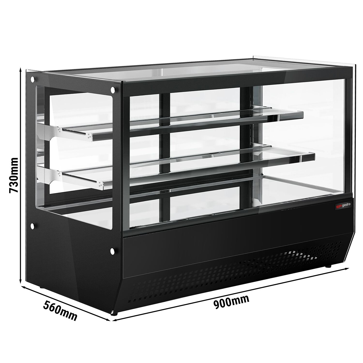 Vetrina refrigerata da banco - 160l - 900mm - Doppio vetro; 2 porte scorrevoli in vetro - vetro dritto - con 2 ripiani - 4 lati vetro; LED interni - Nero