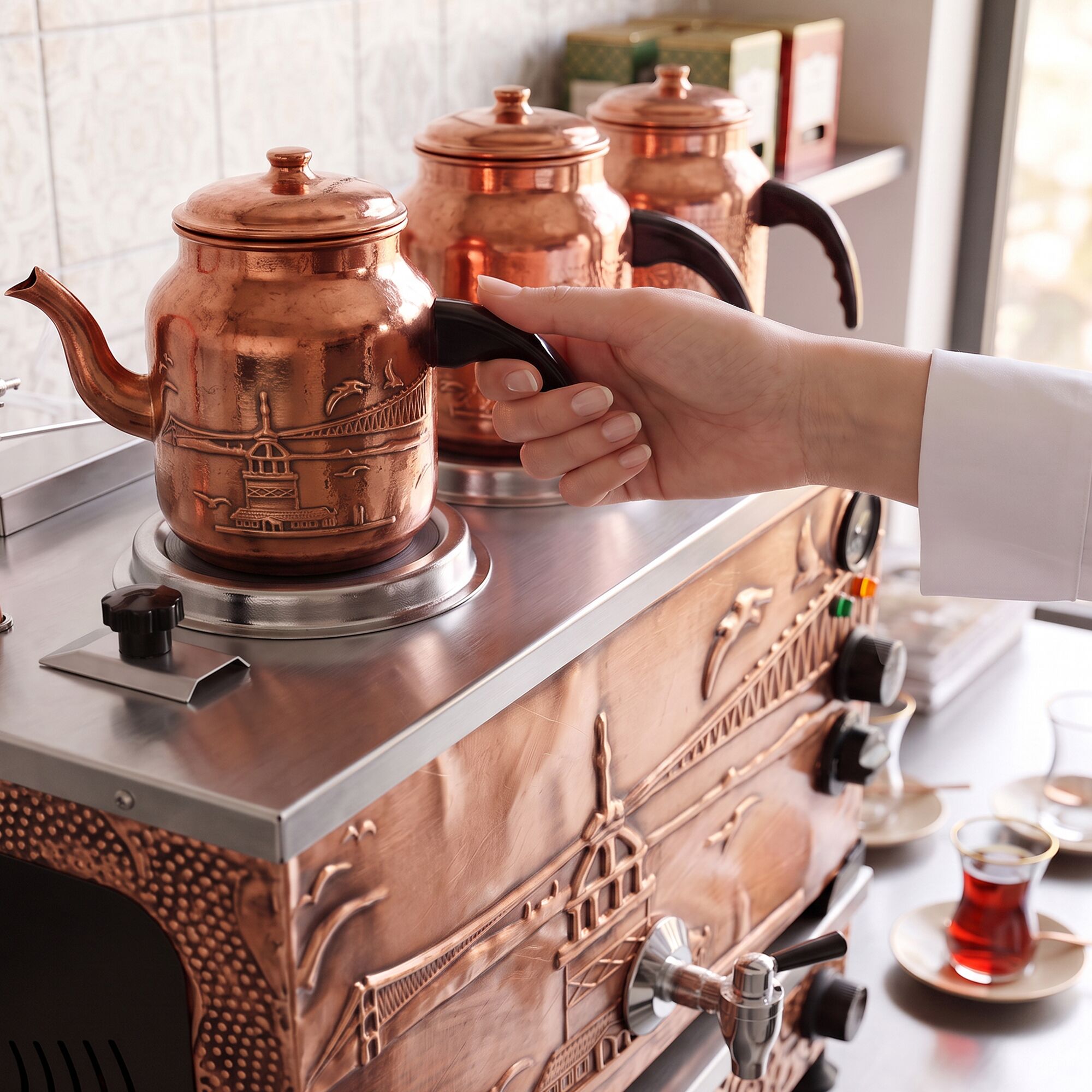 Elektrisch koperen samowar theeketel - 870mm - 33L - Istanbul Design