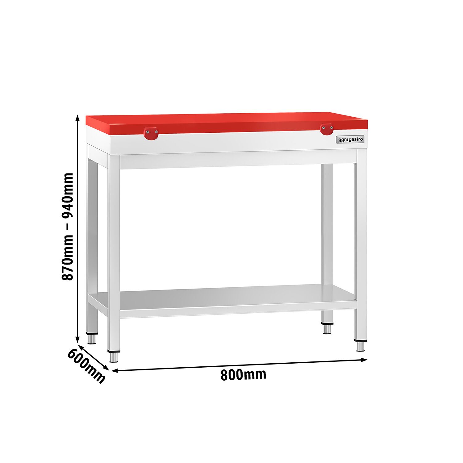 Stół roboczy centralny ze stali nierdzewnej PREMIUM - 800x600mm - z półką & wzmocniony - z deską do krojenia Czerwony