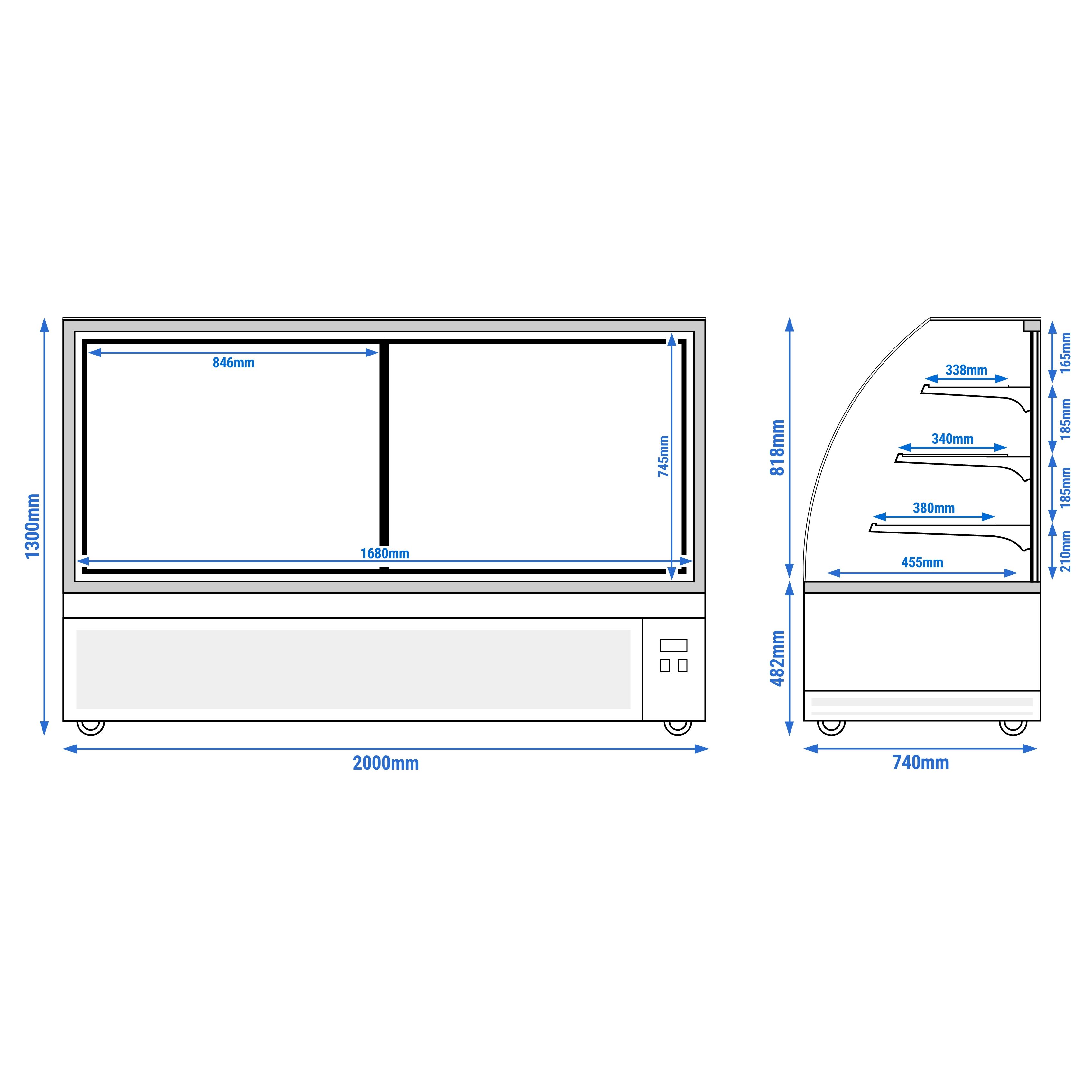 Vitrine de comptoir réfrigérée - 633L - 1800mm - Double vitrage - avec 3 étagères en verre - portes coulissantes vitrées arrière - pour pâtisseries - Pour FR
