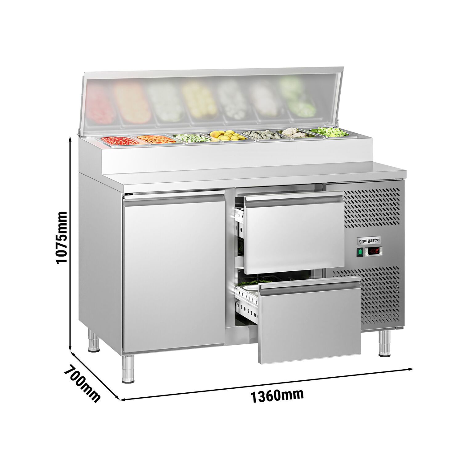 Table de préparation ECO – 1360 mm – 1 porte & 2 tiroirs – pour 7 bacs GN 1/3