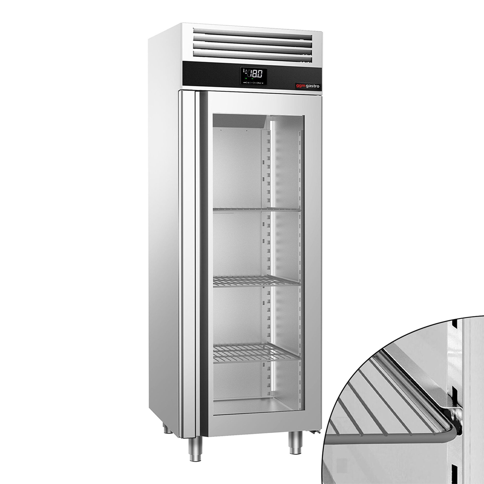Armoire réfrigérée vitrée négative en acier inoxydable AISI 430 PREMIUM - GN 2/1 - 700 L - avec 1 porte vitrée & 3 grilles GN 2/1 & 3 paires de glissières