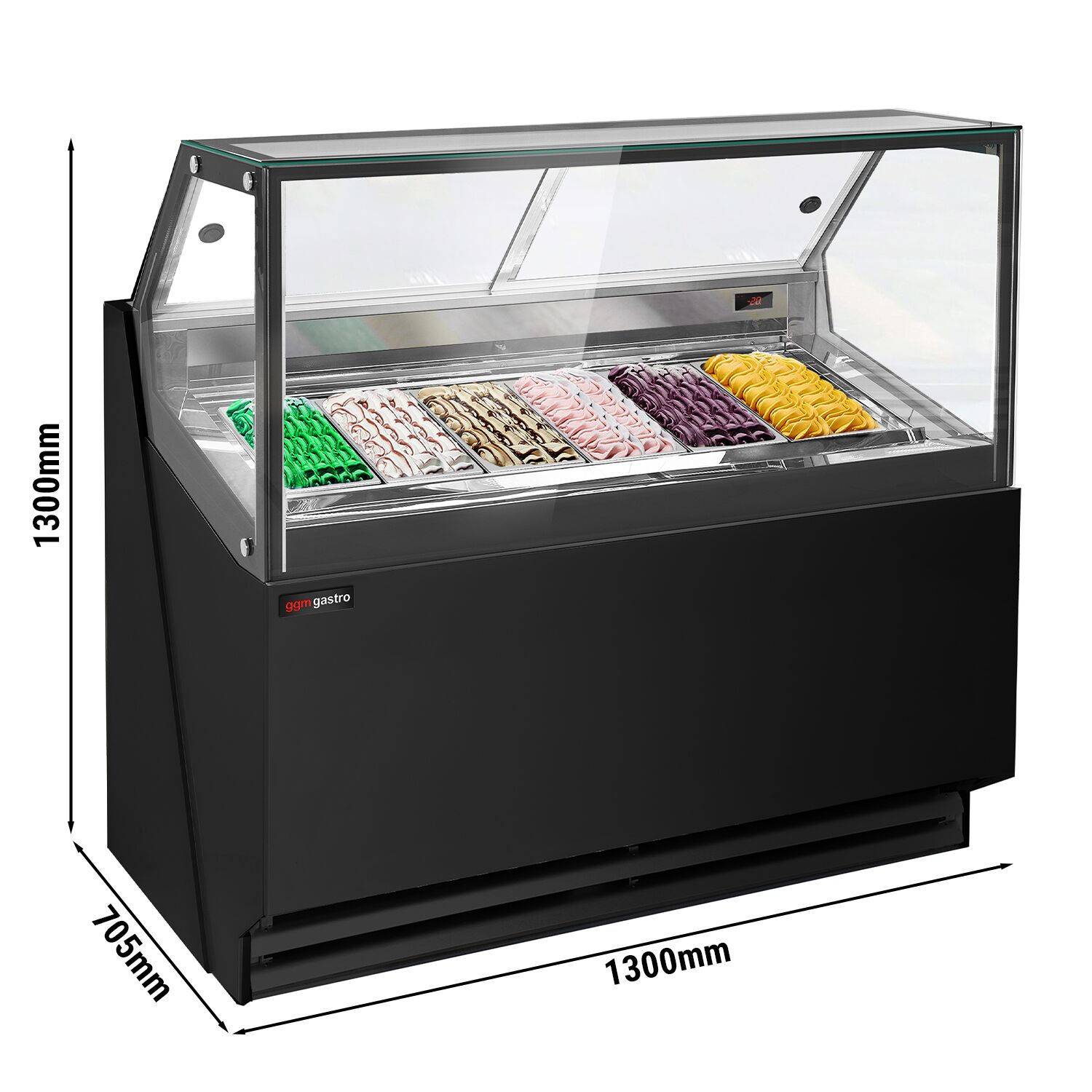 Vitrine à glace THEO – 1300 mm – refroidissement ventilé – pour 6 bacs à glace de 5 litres – Noir
