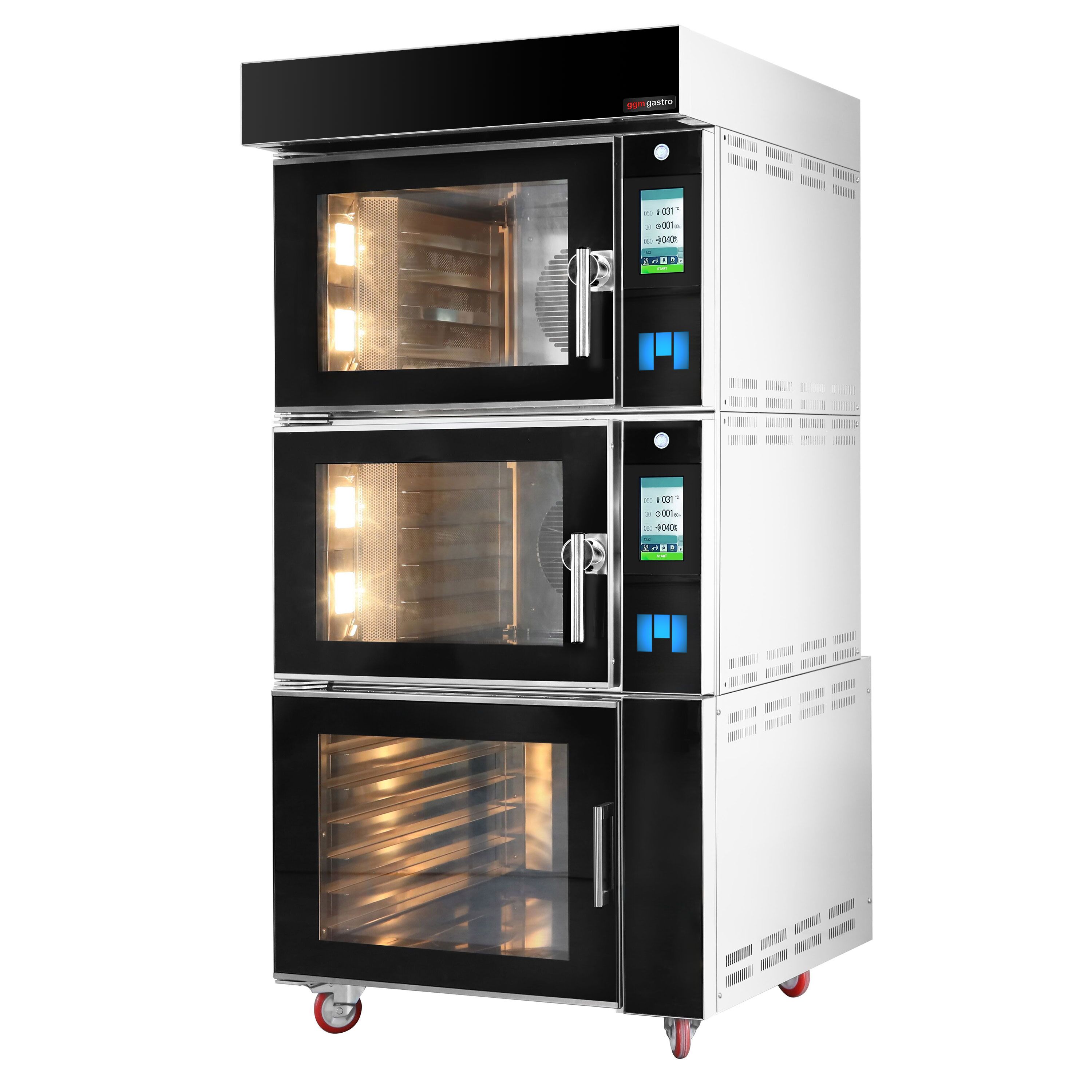 Électrique Four à convection avec injection d’eau - Écran tactile - 2 chambres de cuisson - 10 niveaux 600x400mm - Acier inoxydable - Noir - avec armoire de fermentation - sans plaques