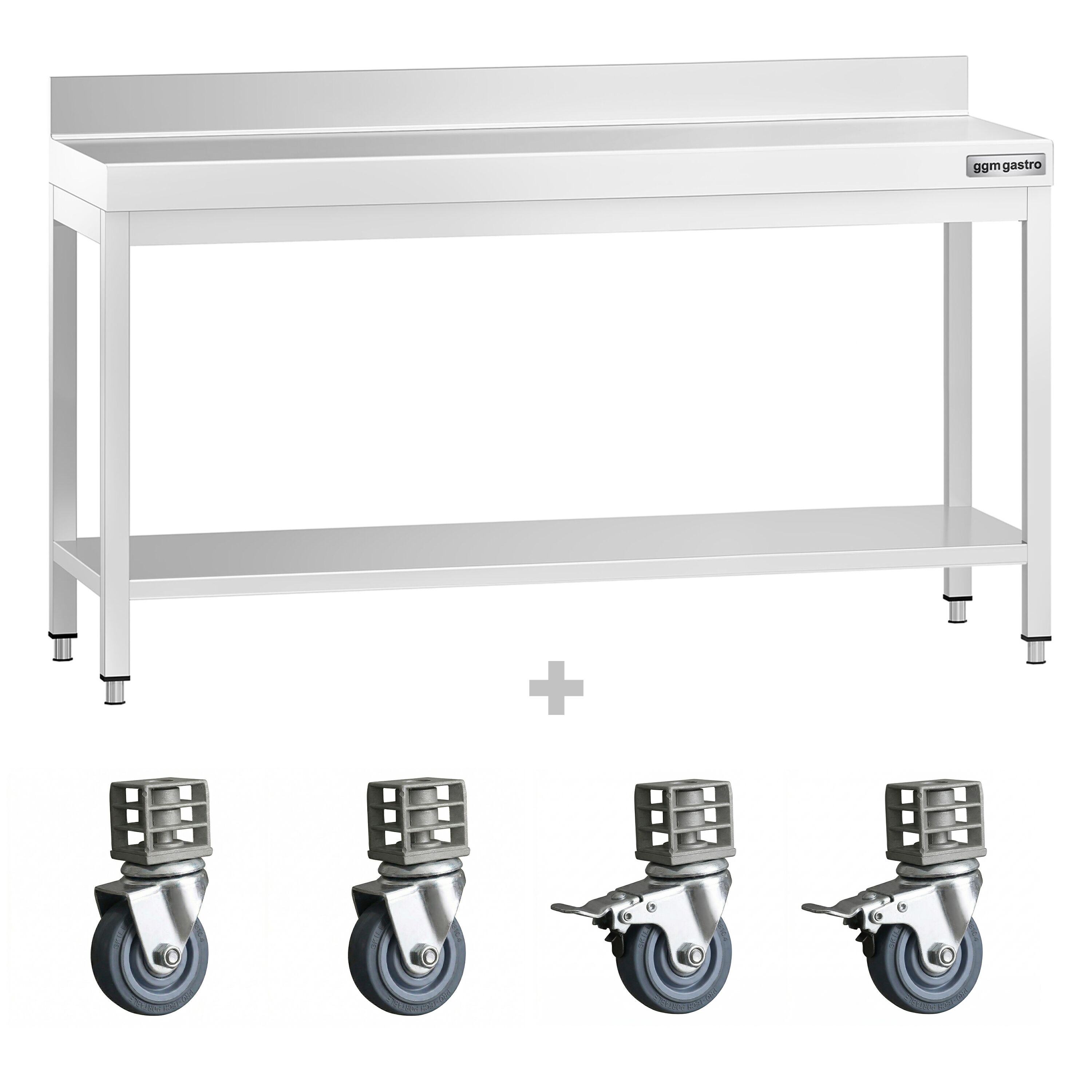 Table de travail en inox PREMIUM - 1800 x 600 mm - avec tablette inférieure, dosseret et roulettes