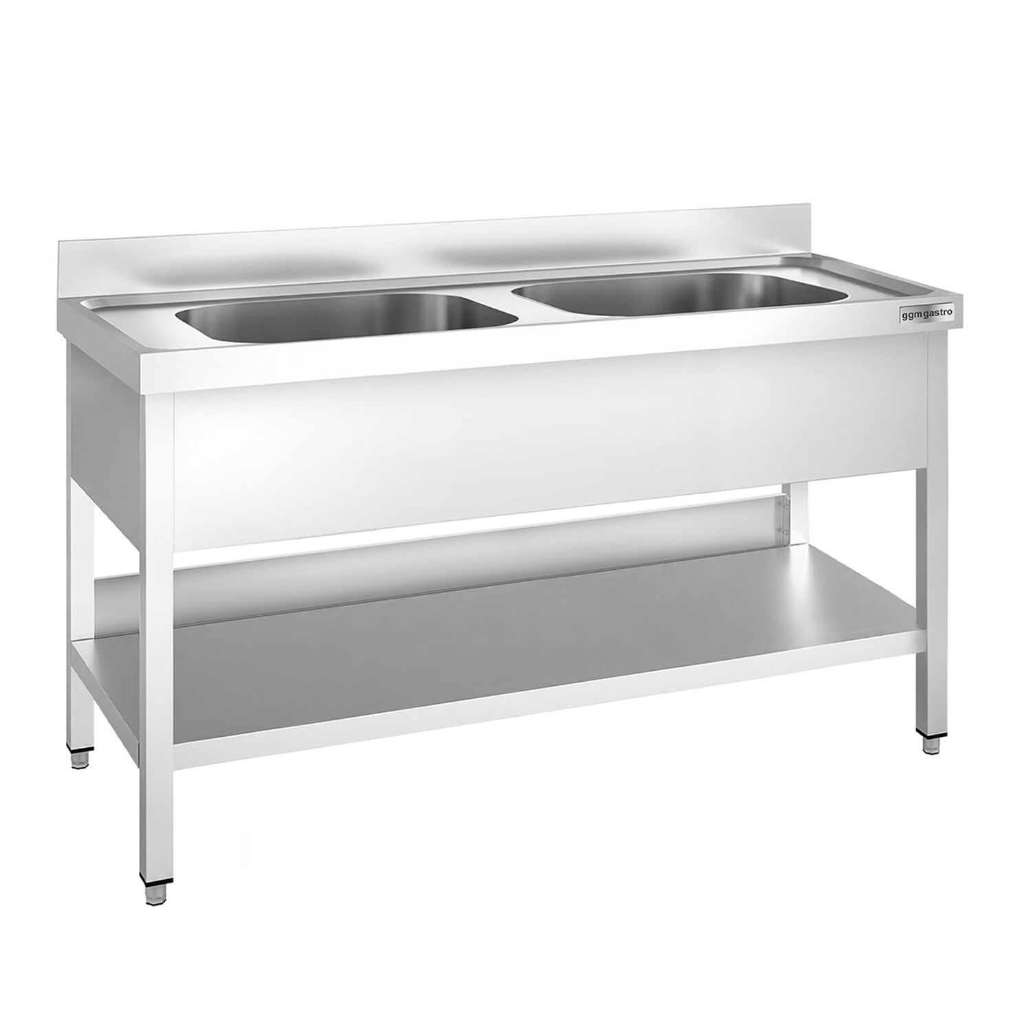 Plonge en inox PREMIUM - 1400x700mm - avec étagère basse - 2 bacs au centre
