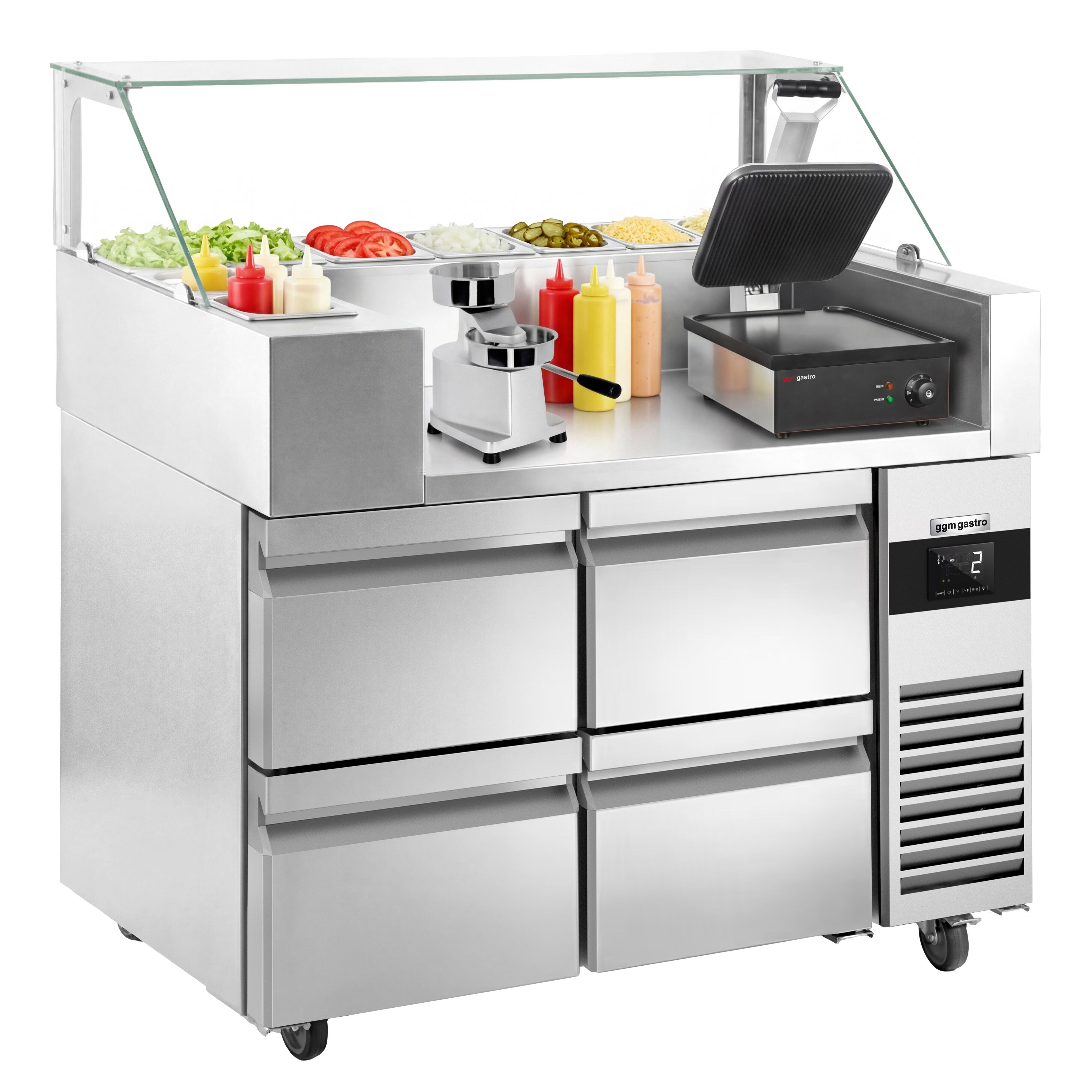 Table de préparation – 1210 mm – 4 tiroirs – pour 9 bacs GN 1/6 – incl. grill de contact & machine à hamburgers