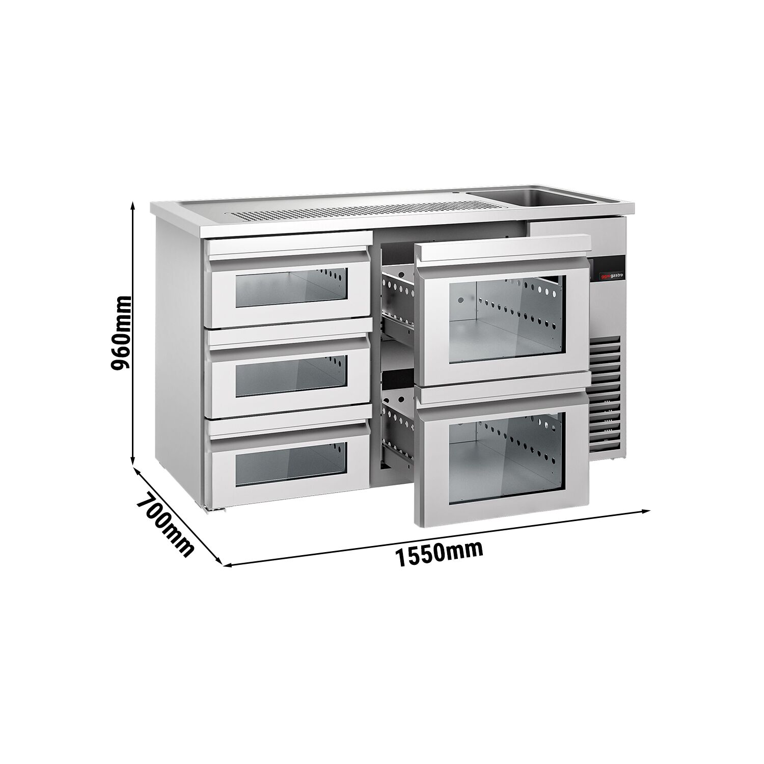 Comptoir de bar réfrigéré PREMIUM - 1550x700mm - 5 tiroirs en verre
