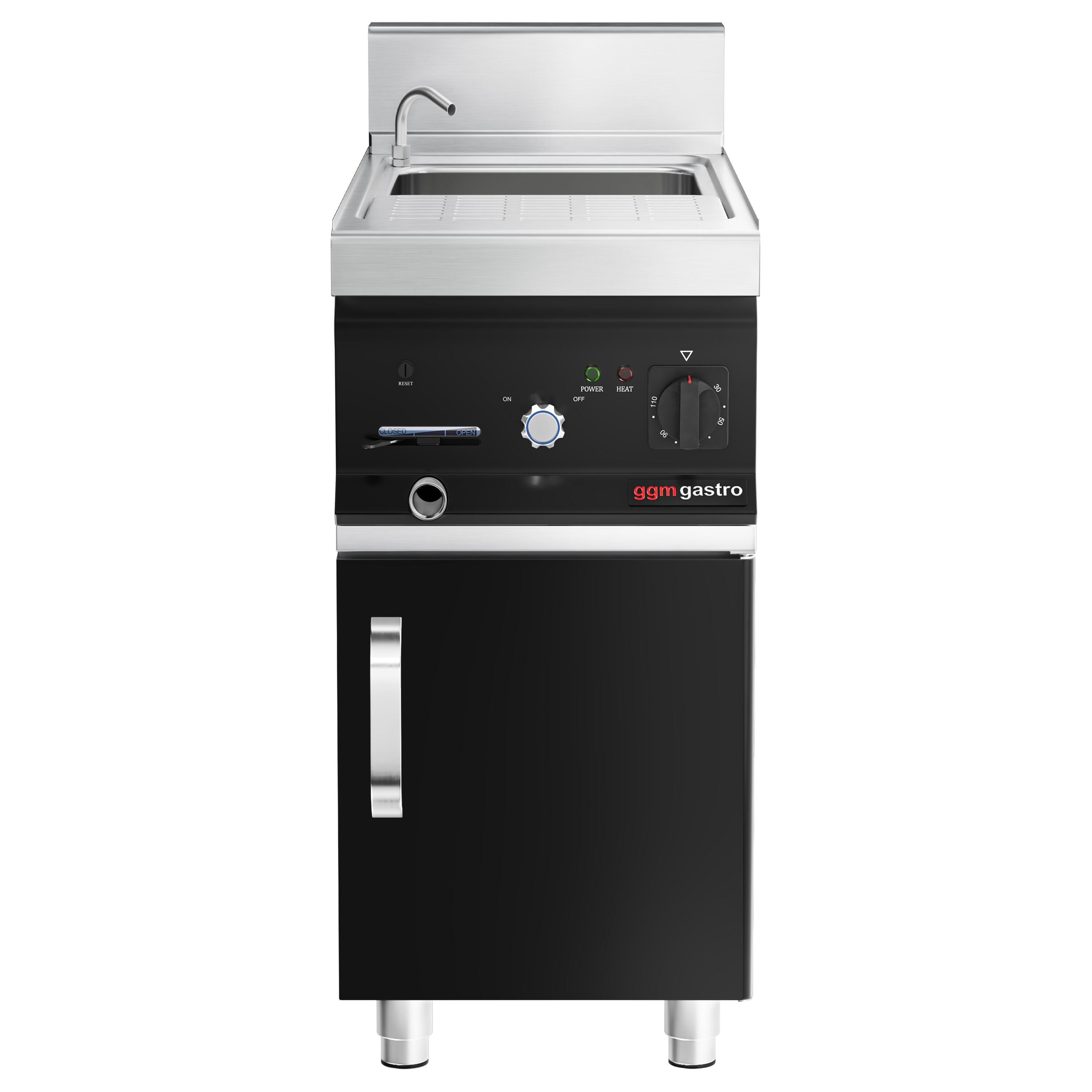 Cuiseur à pâtes électrique avec robinet – 26 L – 6 kW – incl. soubassement avec 1 porte