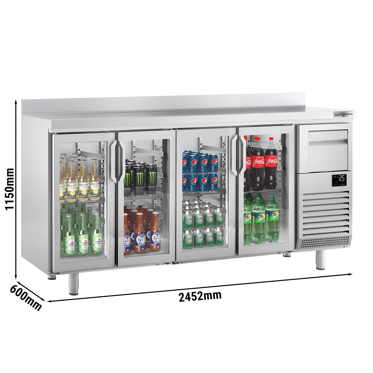 Commercial Back Bar Bottle Cooler PREMIUM PLUS - 2452x600x1150mm - with 4 Hinged Glass Doors, upstand & knock box for coffee - 690L