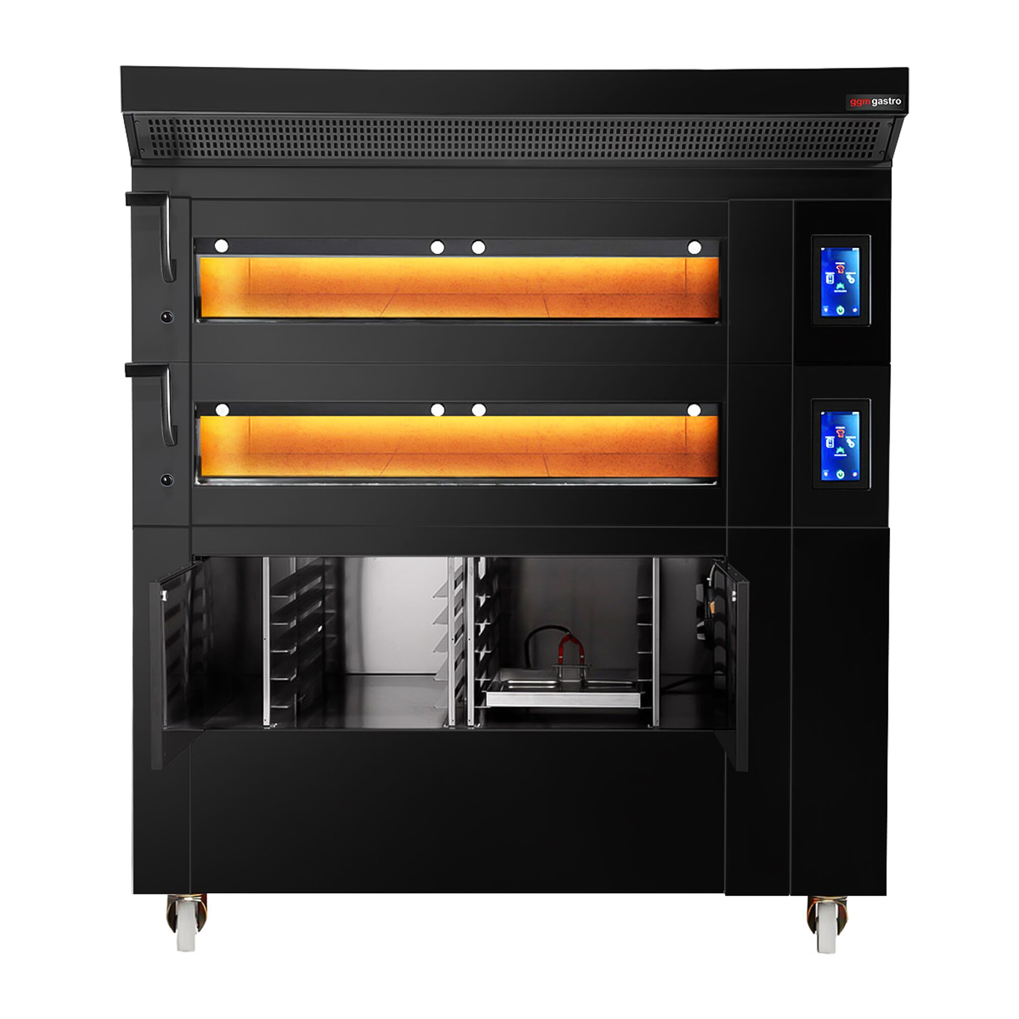 Four à étages de boulangerie avec fonction vapeur - tactile - 2 chambres de cuisson - avec hotte et chambre de fermentation 8 x EN 600 x 400 - Noir