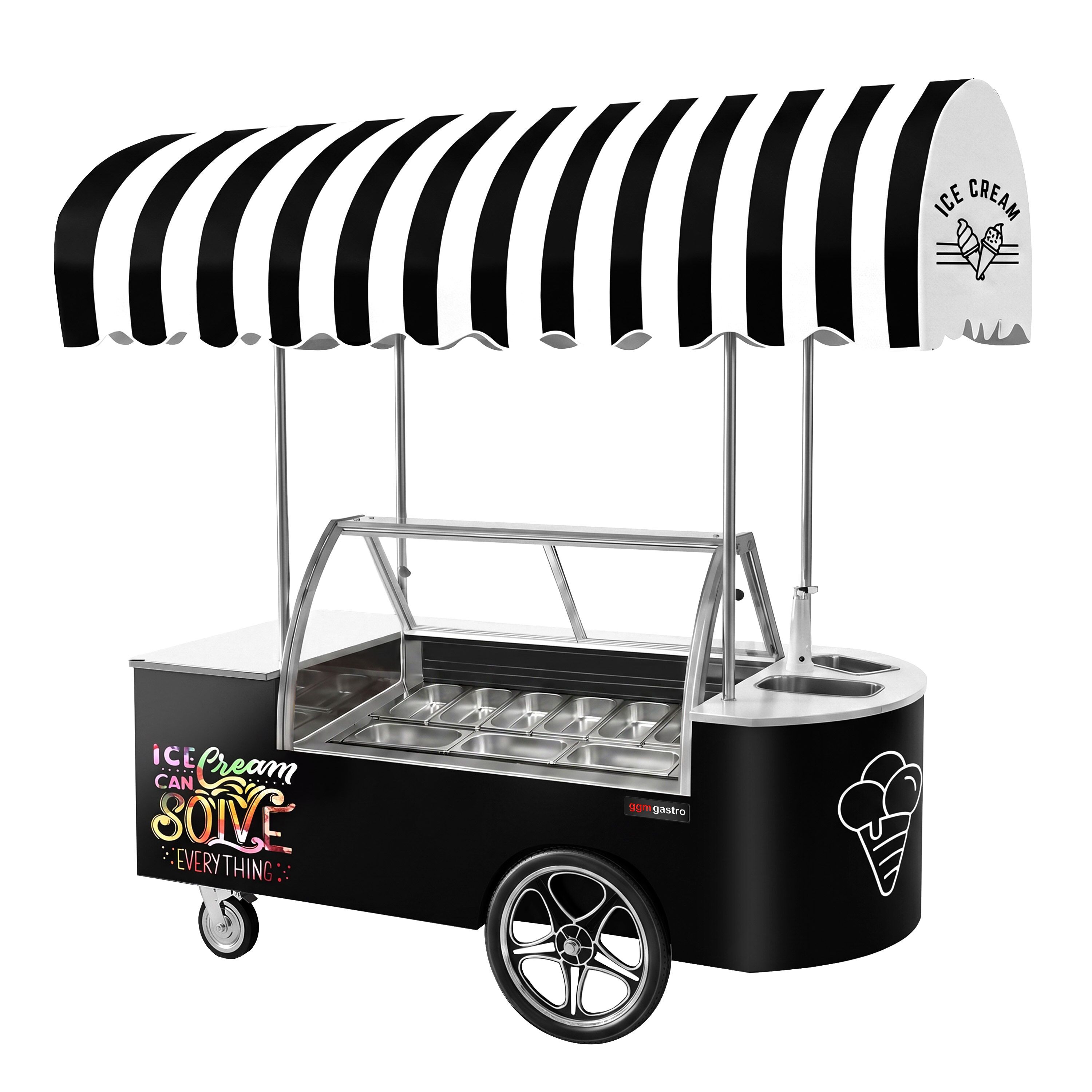 Speiseeiswagen - 2146mm - mit Waschbecken & runder Eistheke - für 9x 5 Liter Eisbehälter
