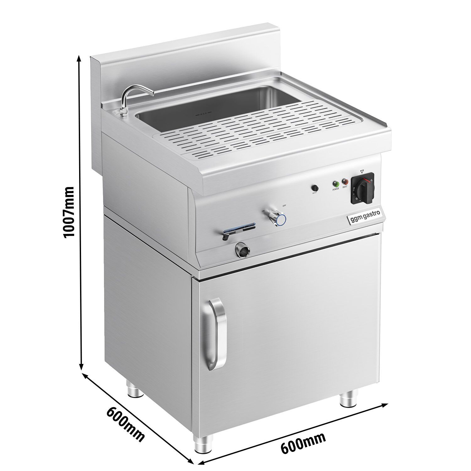 Cuiseur à pâtes électrique avec robinet – 28 L – 9 kW – incl. soubassement avec 2 portes