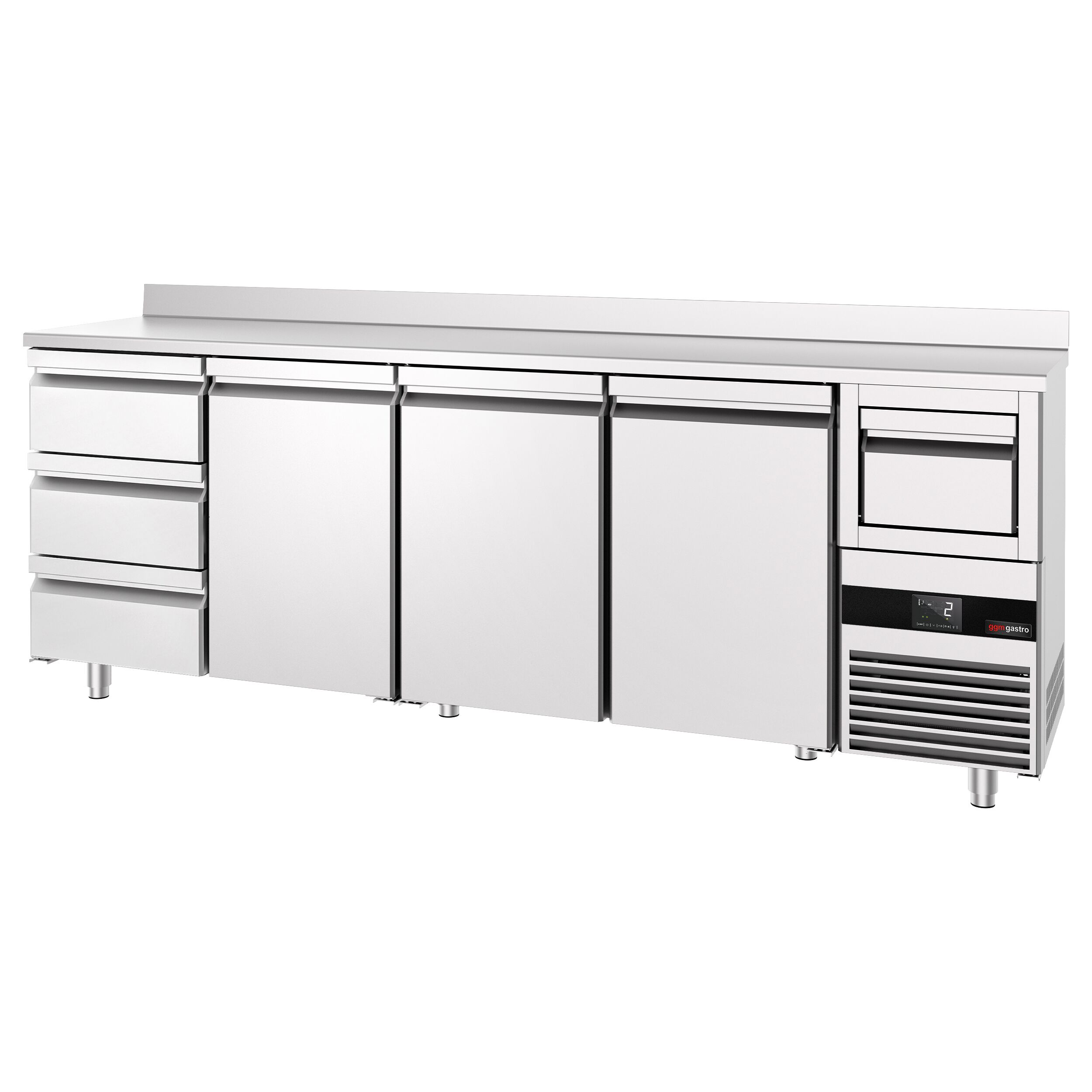 Arrière-bar réfrigéré professionnel PREMIUM - 2690 x 600 mm - avec 3 portes et 3 tiroirs - avec dosseret - avec tiroir à marc de café