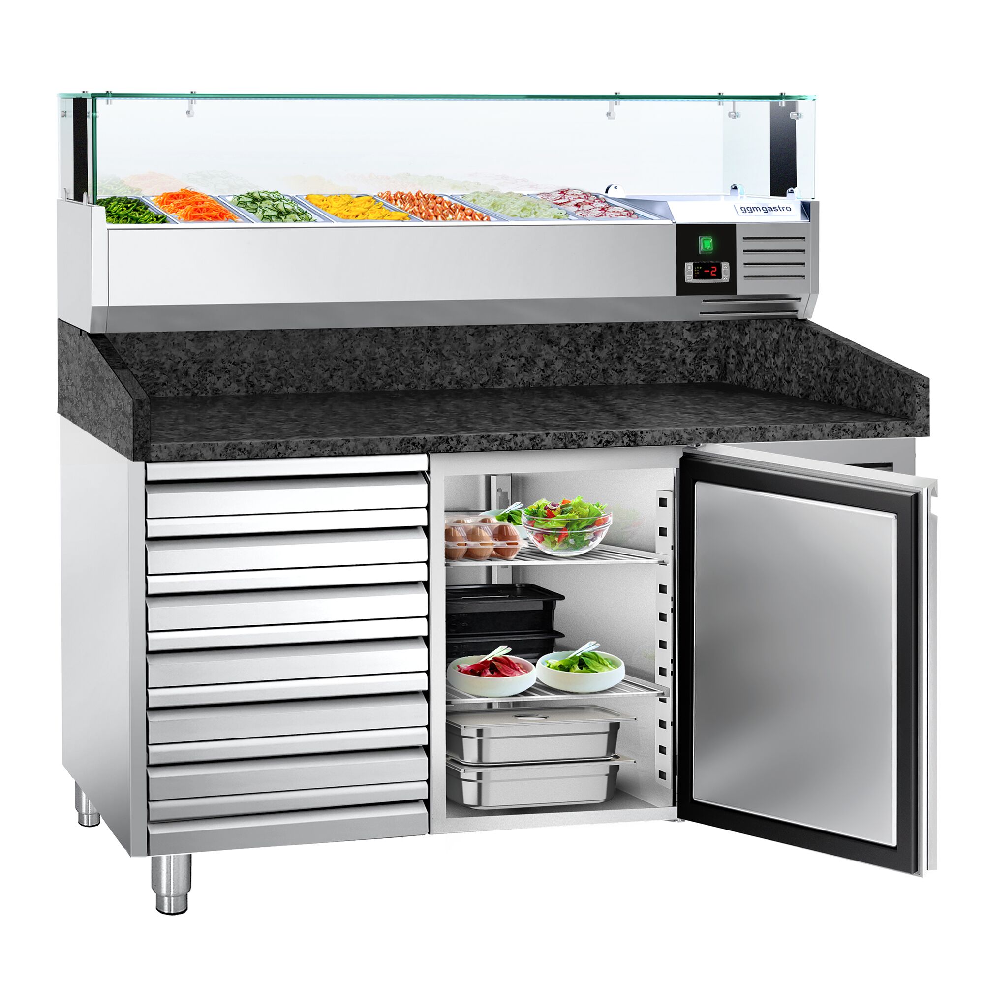 Table réfrigérée à pizza PREMIUM - 1500x800 mm - avec 1 porte & 7 tiroirs - incl. vitrine réfrigérée LED - 7x GN 1/4